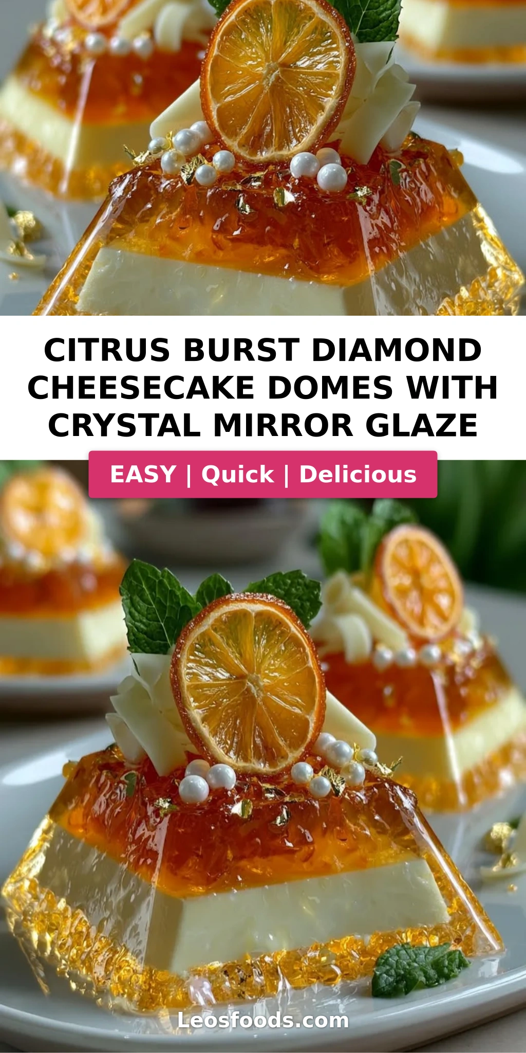 Citrus Burst Diamond Cheesecake Domes with Crystal Mirror Glaze