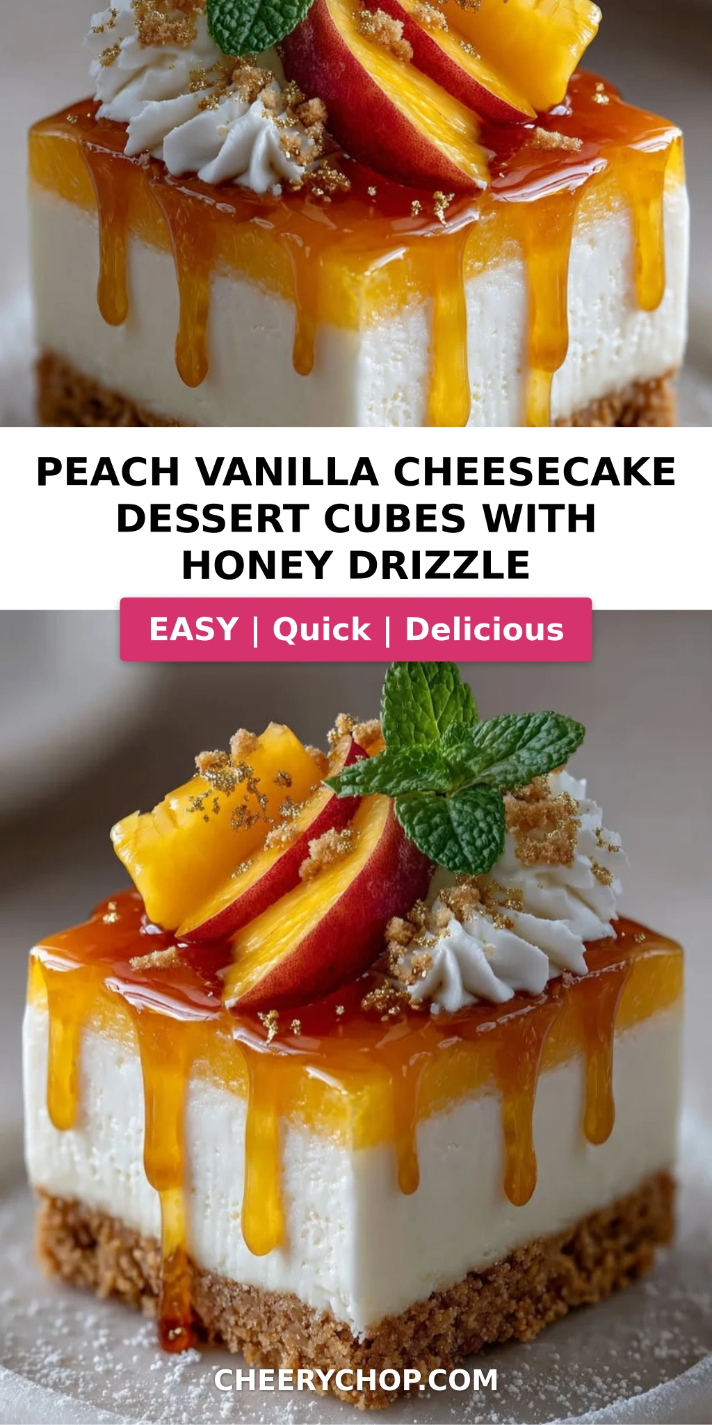 Peach Vanilla Cheesecake Dessert Cubes with Honey Drizzle