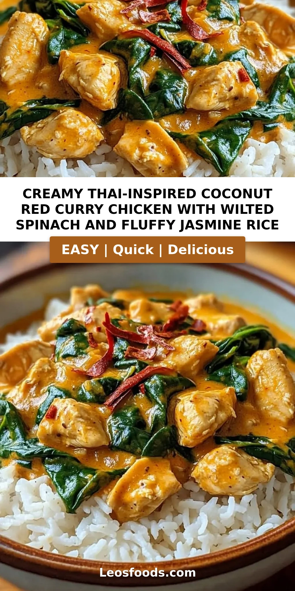 Creamy Thai-Inspired Coconut Red Curry Chicken with Wilted Spinach and Fluffy Jasmine Rice