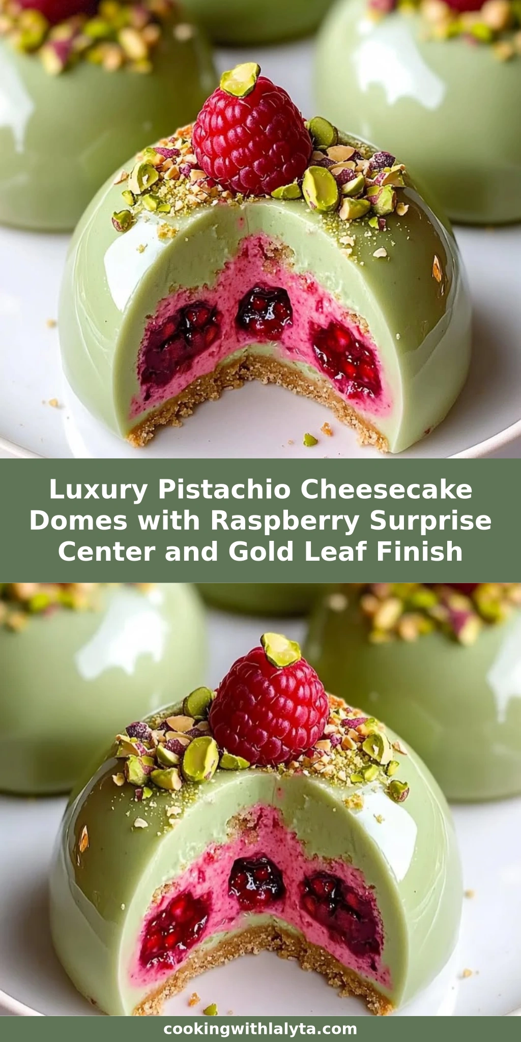 Luxury Pistachio Cheesecake Domes with Raspberry Surprise Center and Gold Leaf Finish