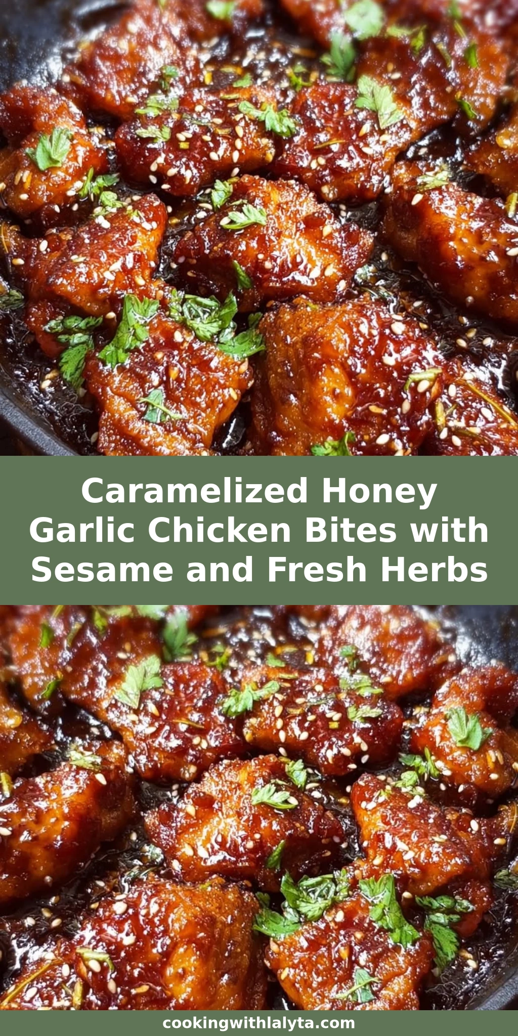 Caramelized Honey Garlic Chicken Bites with Sesame and Fresh Herbs