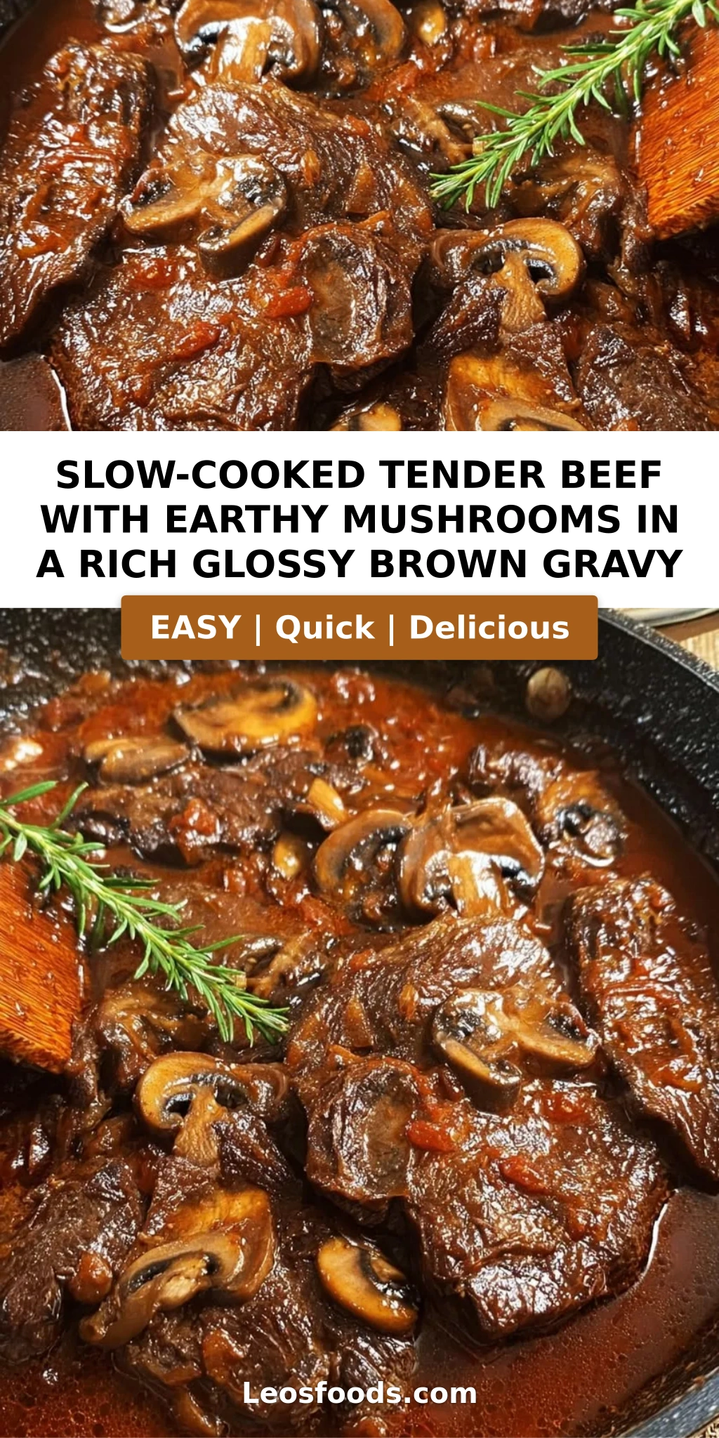 Slow-Cooked Tender Beef with Earthy Mushrooms in a Rich Glossy Brown Gravy