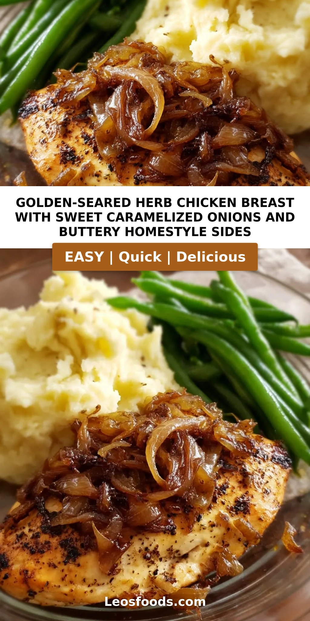 Golden-Seared Herb Chicken Breast with Sweet Caramelized Onions and Buttery Homestyle Sides