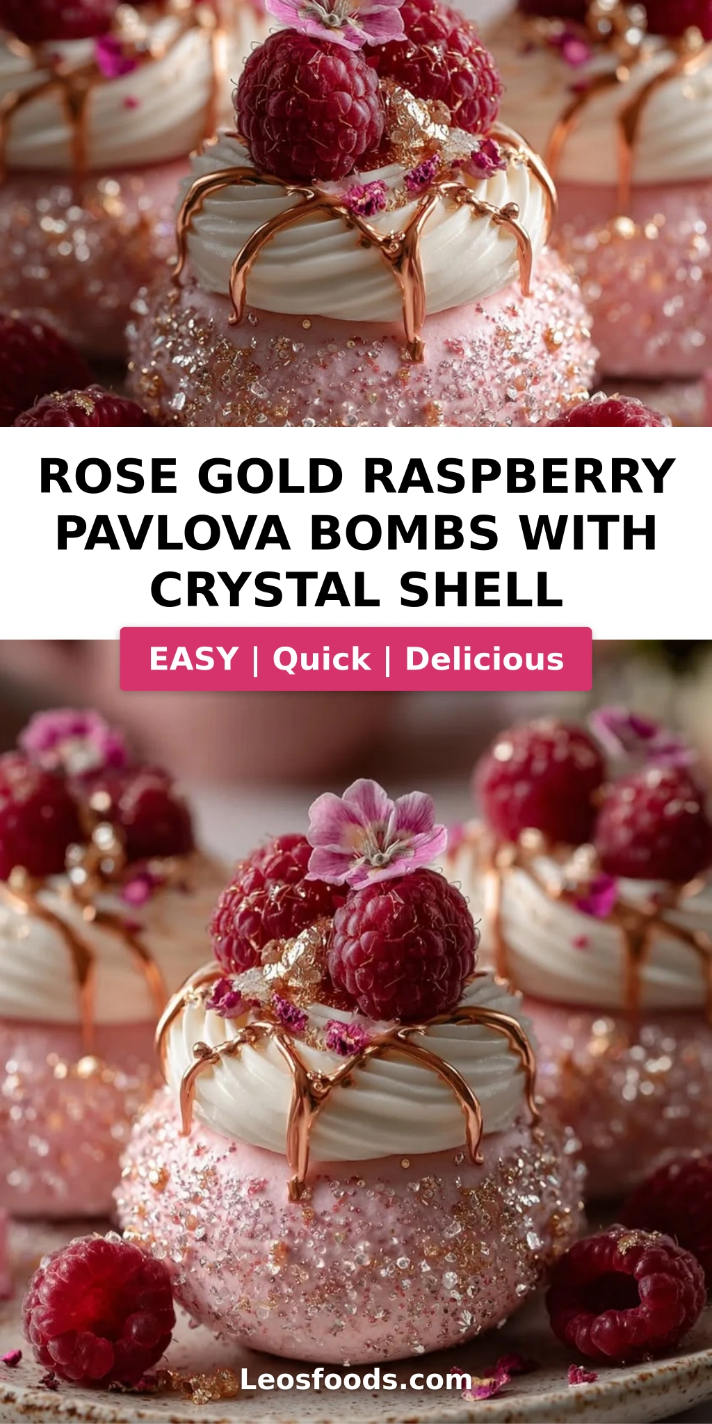 Rose Gold Raspberry Pavlova Bombs with Crystal Shell