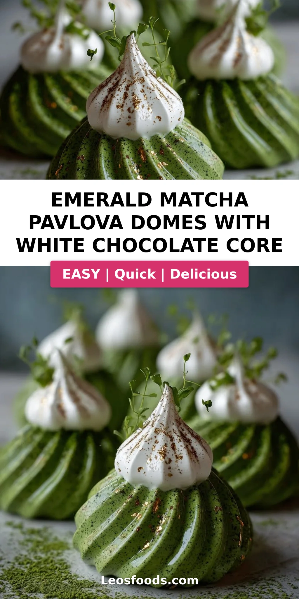 Emerald Matcha Pavlova Domes with White Chocolate Core