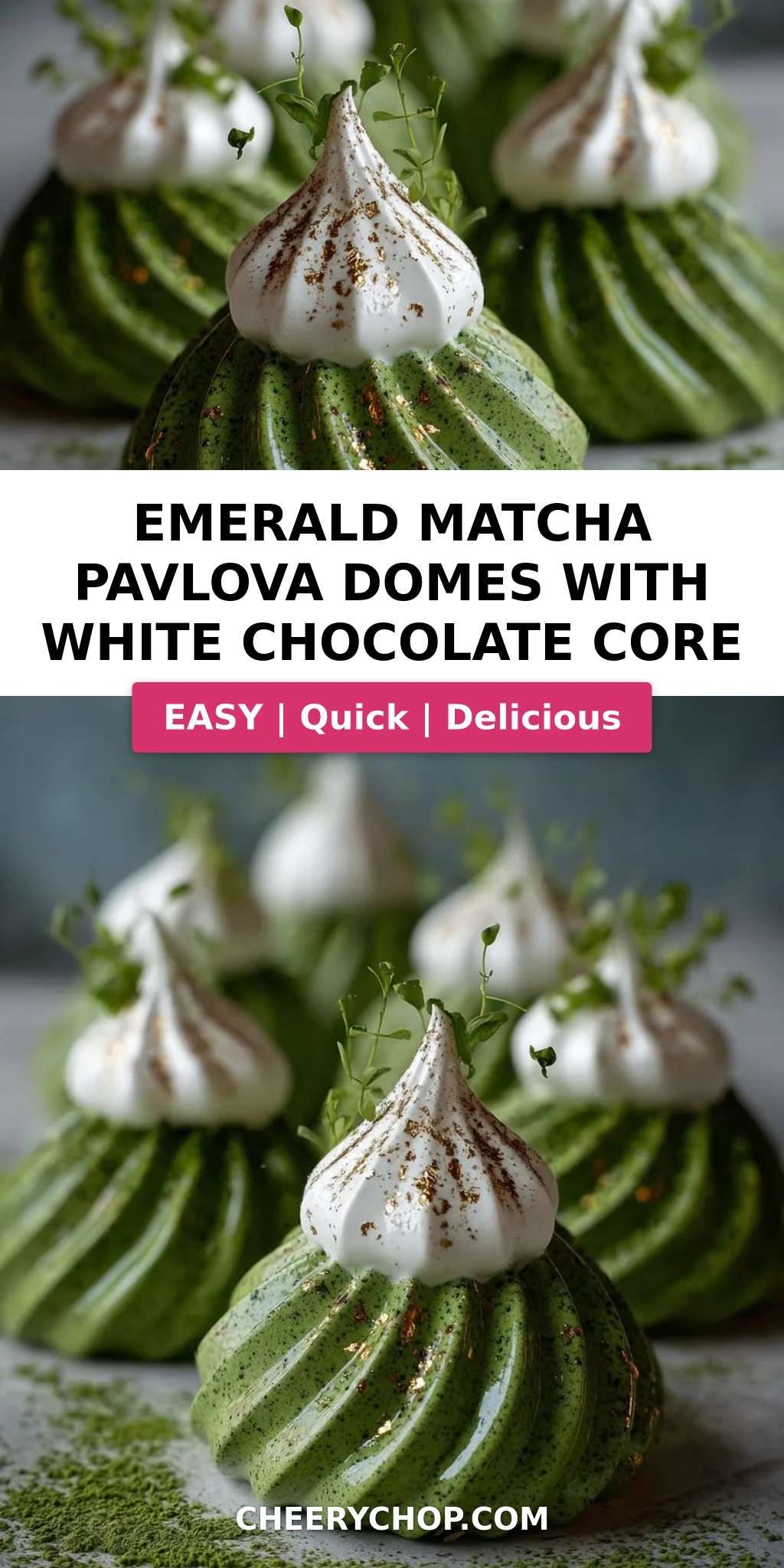 Emerald Matcha Pavlova Domes with White Chocolate Core