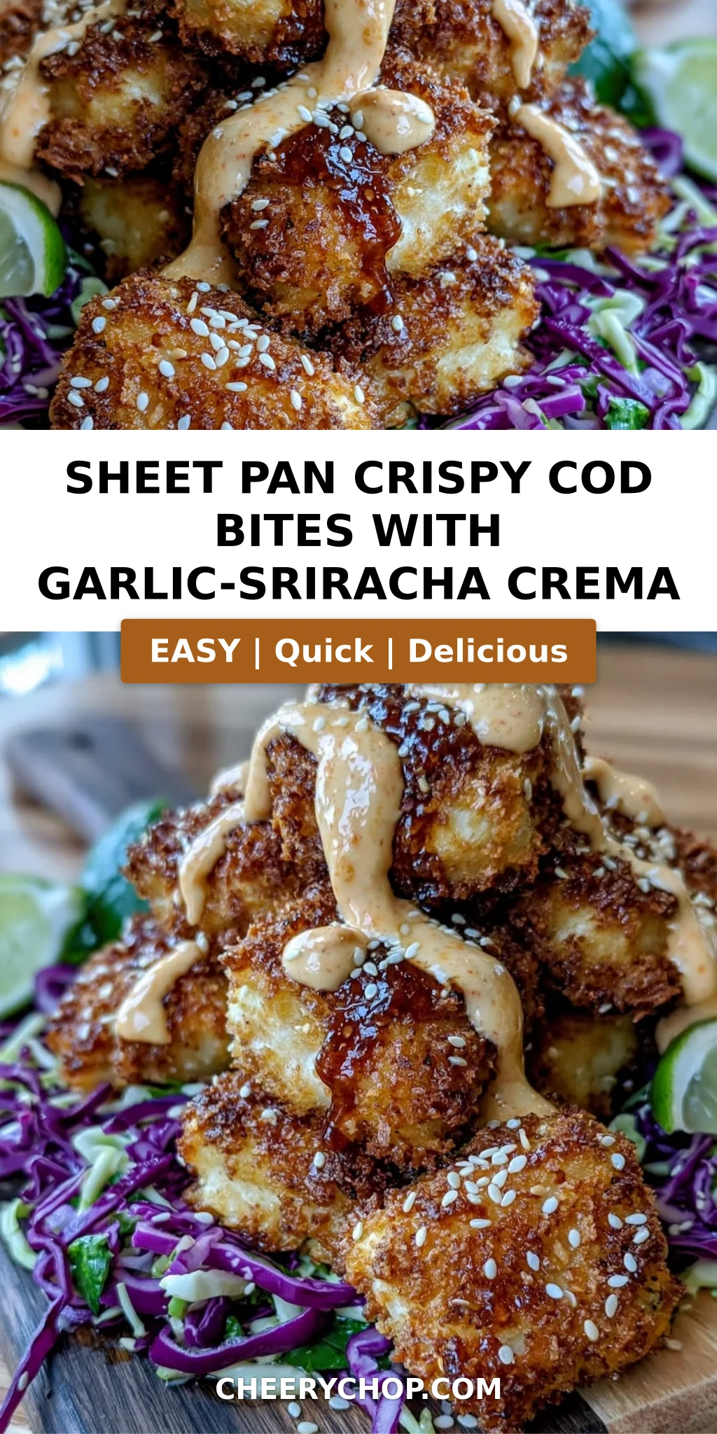 Sheet Pan Crispy Cod Bites with Garlic-Sriracha Crema