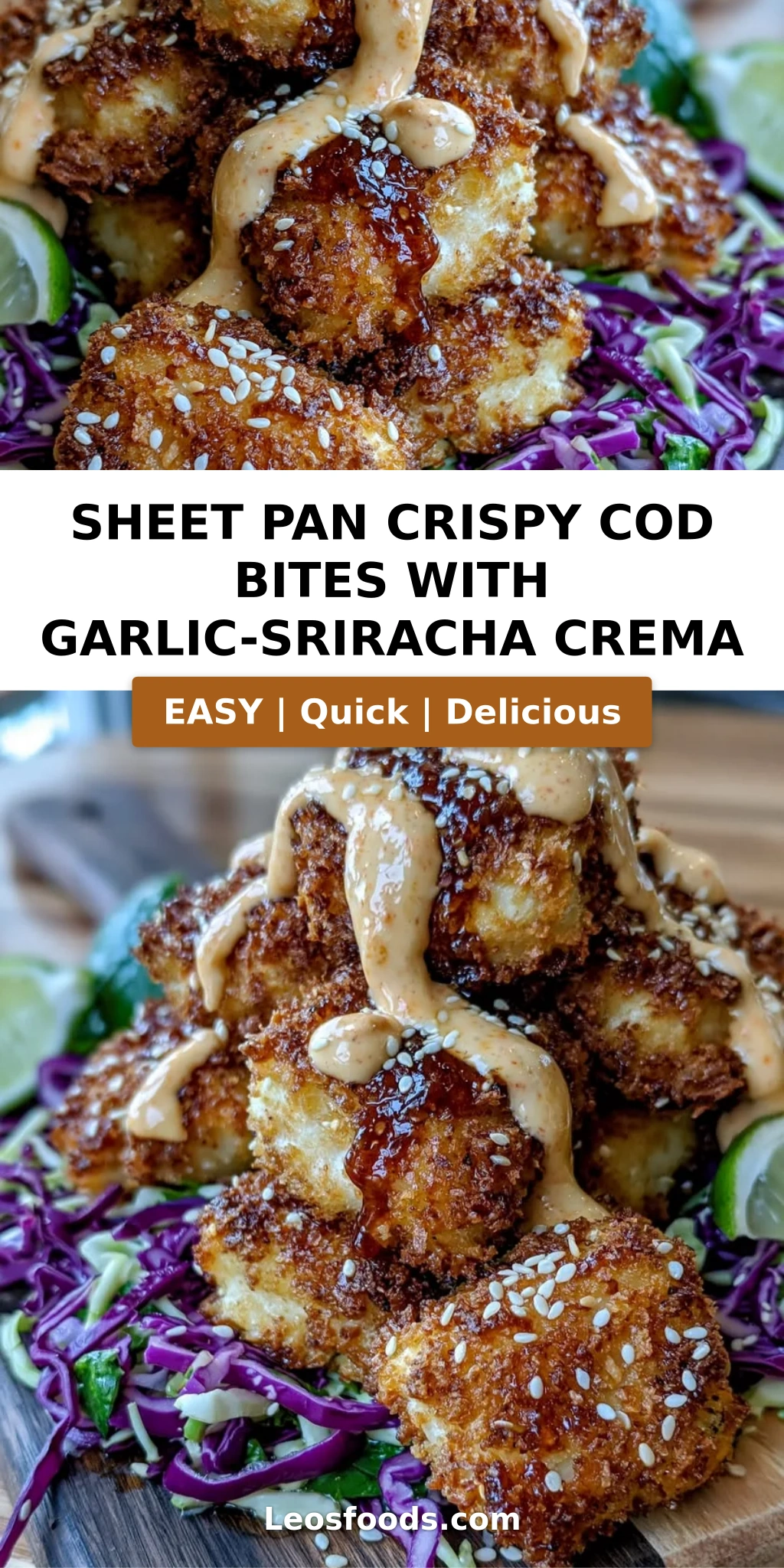 Sheet Pan Crispy Cod Bites with Garlic-Sriracha Crema