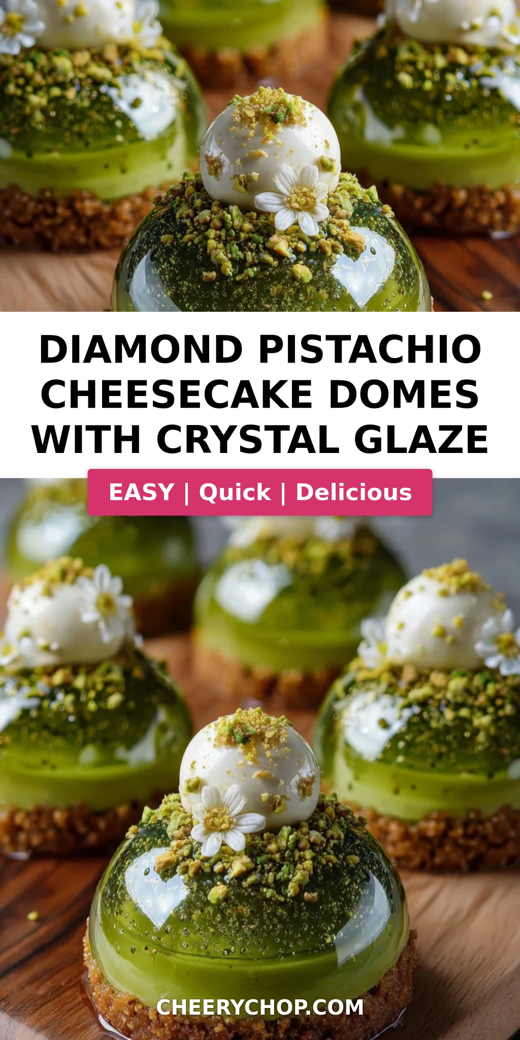 Diamond Pistachio Cheesecake Domes with Crystal Glaze