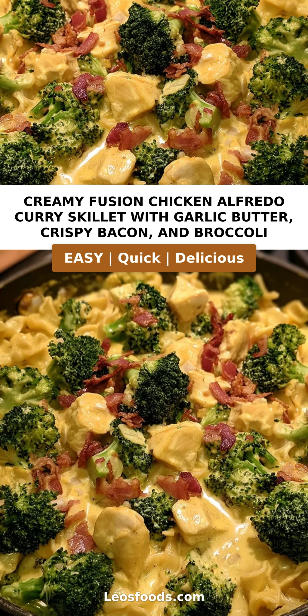 Creamy Fusion Chicken Alfredo Curry Skillet with Garlic Butter, Crispy Bacon, and Broccoli