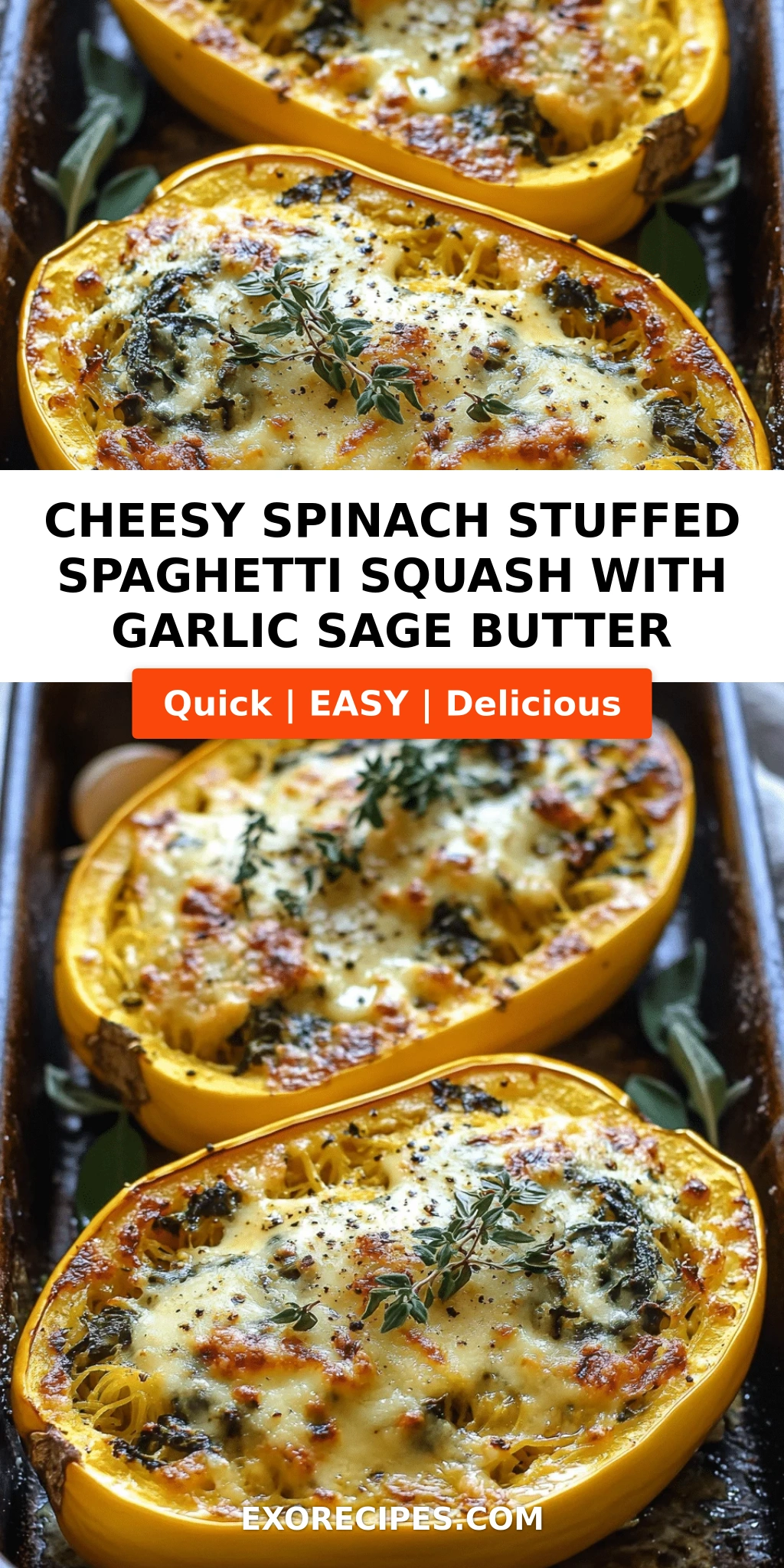 Cheesy Spinach Stuffed Spaghetti Squash with Garlic Sage Butter