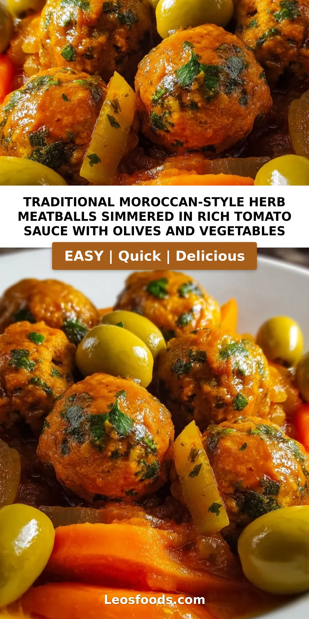 Traditional Moroccan-Style Herb Meatballs Simmered in Rich Tomato Sauce with Olives and Vegetables