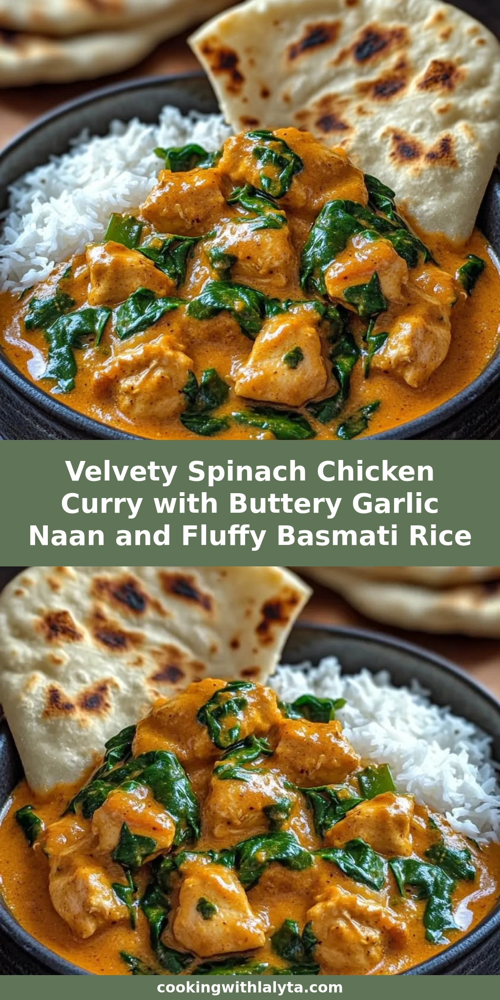 Velvety Spinach Chicken Curry with Buttery Garlic Naan and Fluffy Basmati Rice