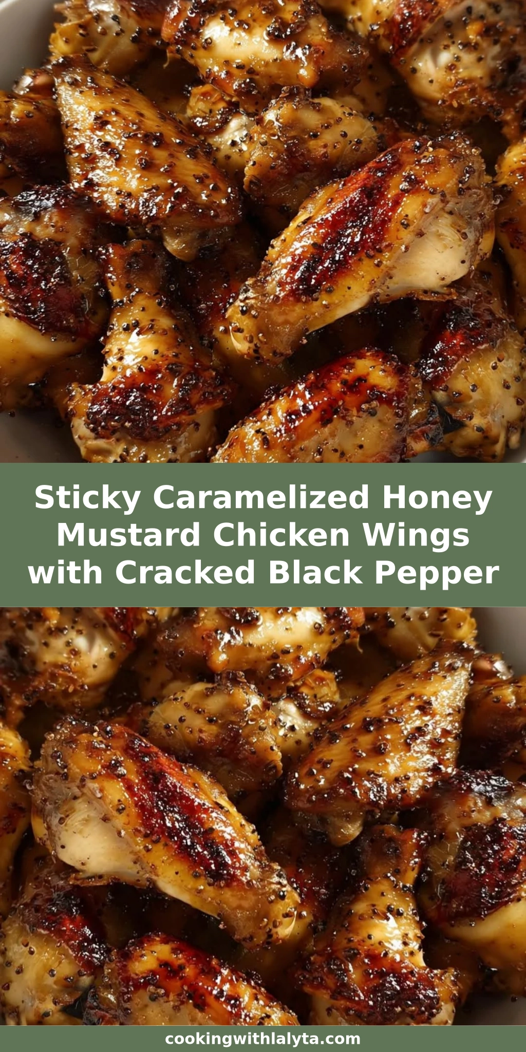 Sticky Caramelized Honey Mustard Chicken Wings with Cracked Black Pepper
