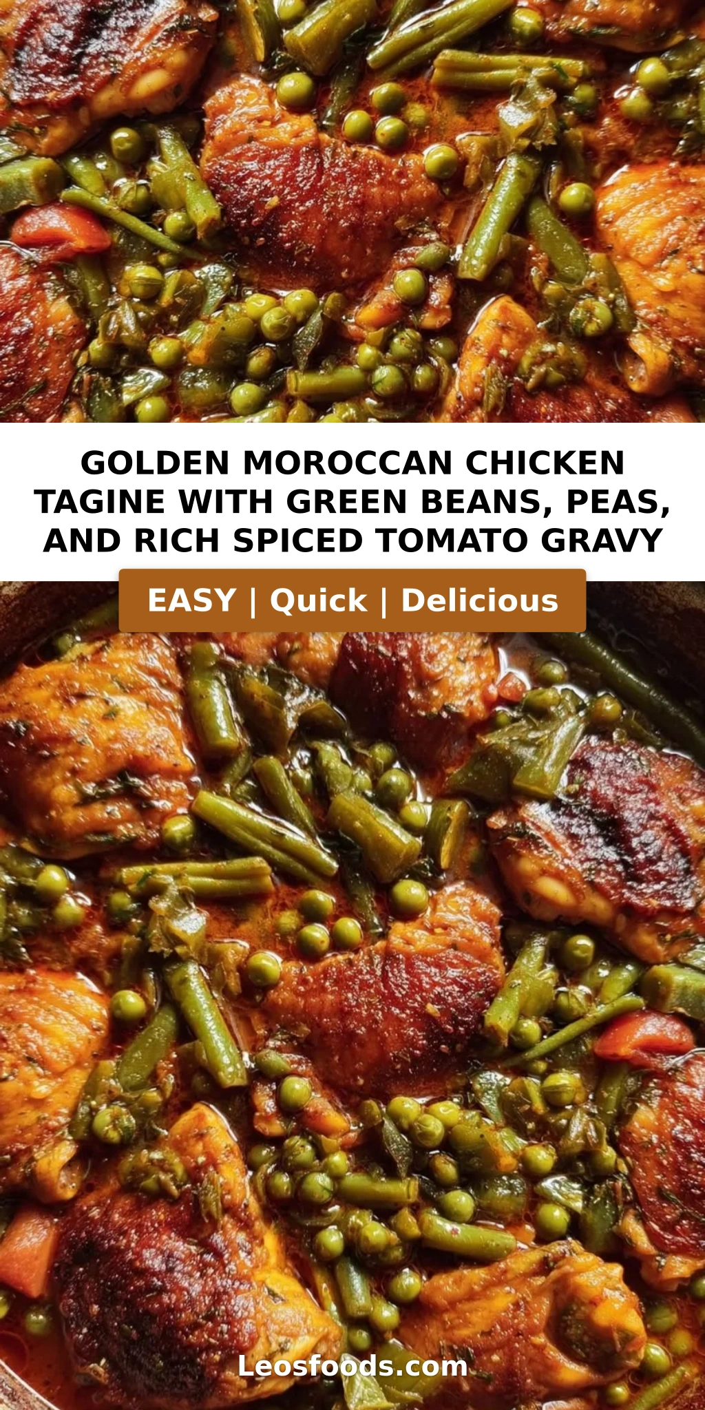 Golden Moroccan Chicken Tagine with Green Beans, Peas, and Rich Spiced Tomato Gravy