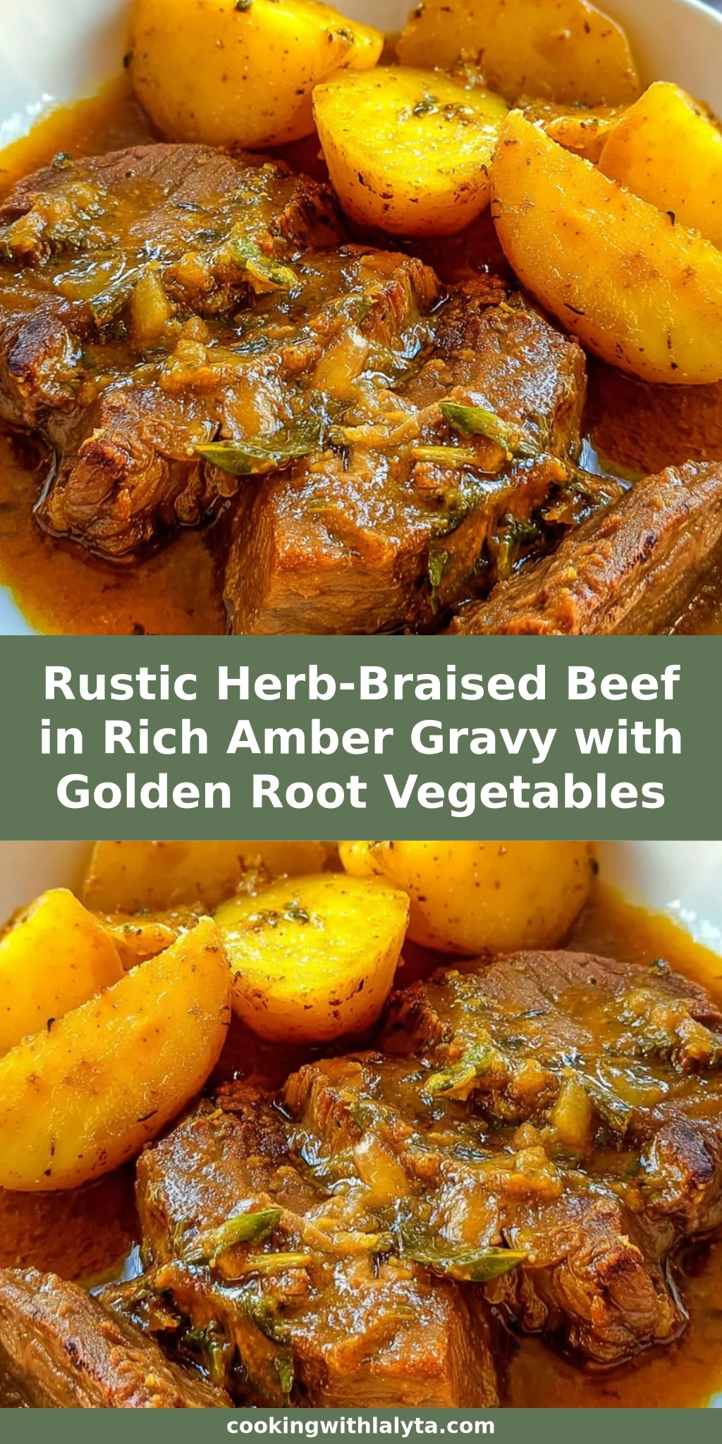 Rustic Herb-Braised Beef in Rich Amber Gravy with Golden Root Vegetables