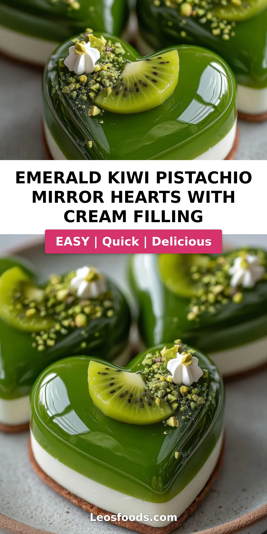 Emerald Kiwi Pistachio Mirror Hearts with Cream Filling