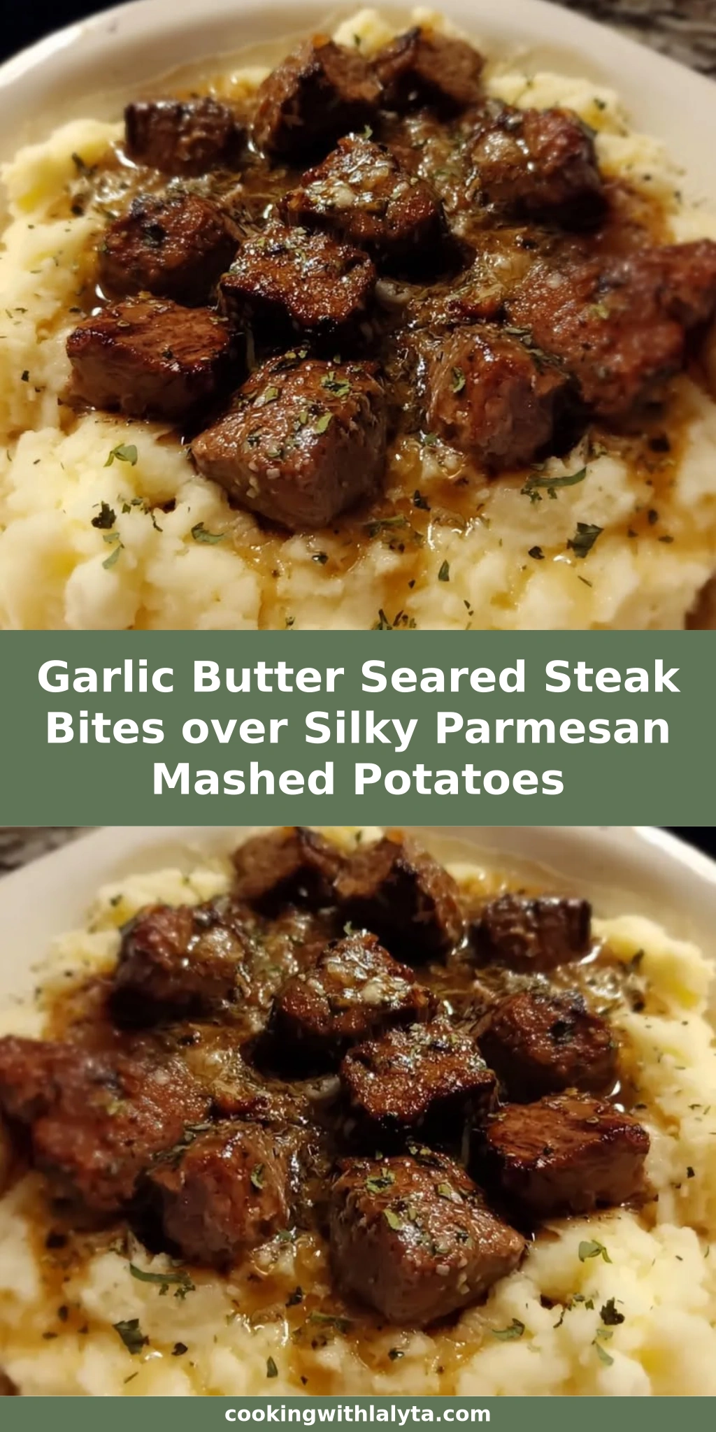 Garlic Butter Seared Steak Bites over Silky Parmesan Mashed Potatoes