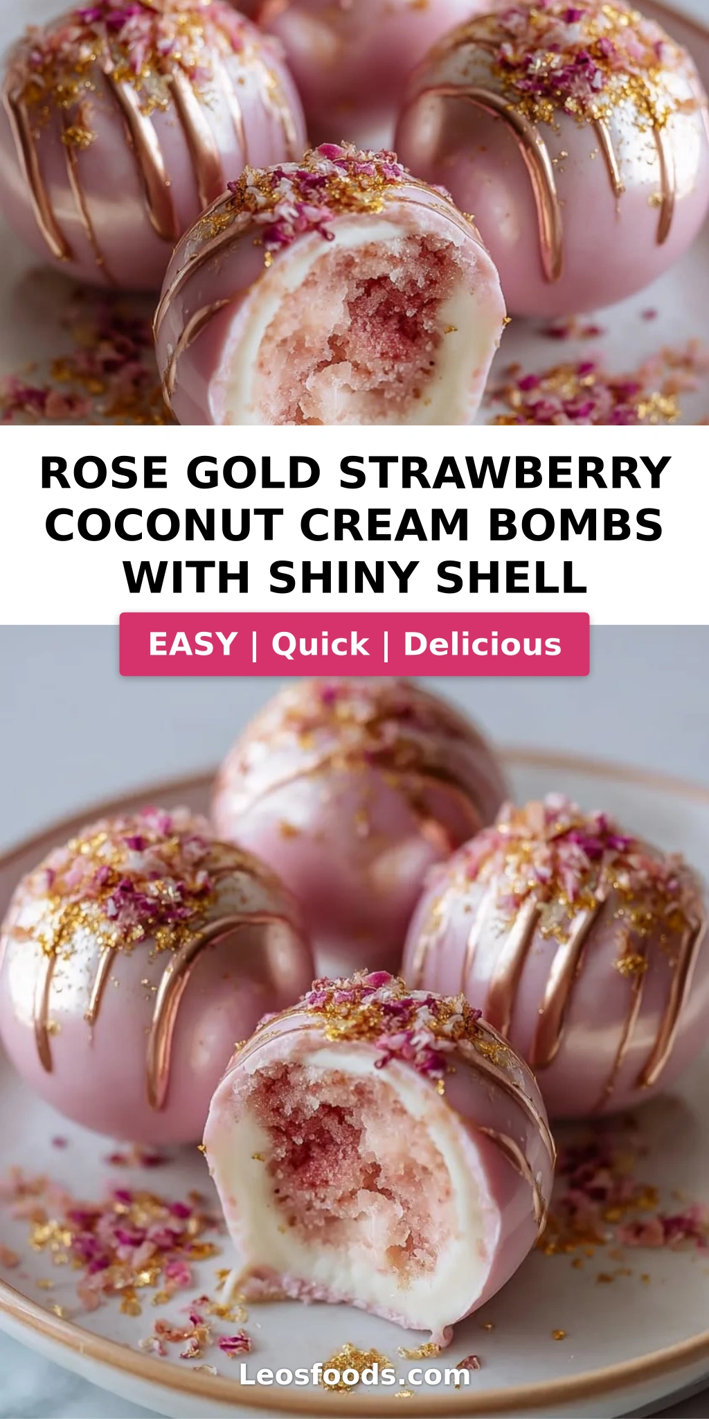 Rose Gold Strawberry Coconut Cream Bombs with Shiny Shell