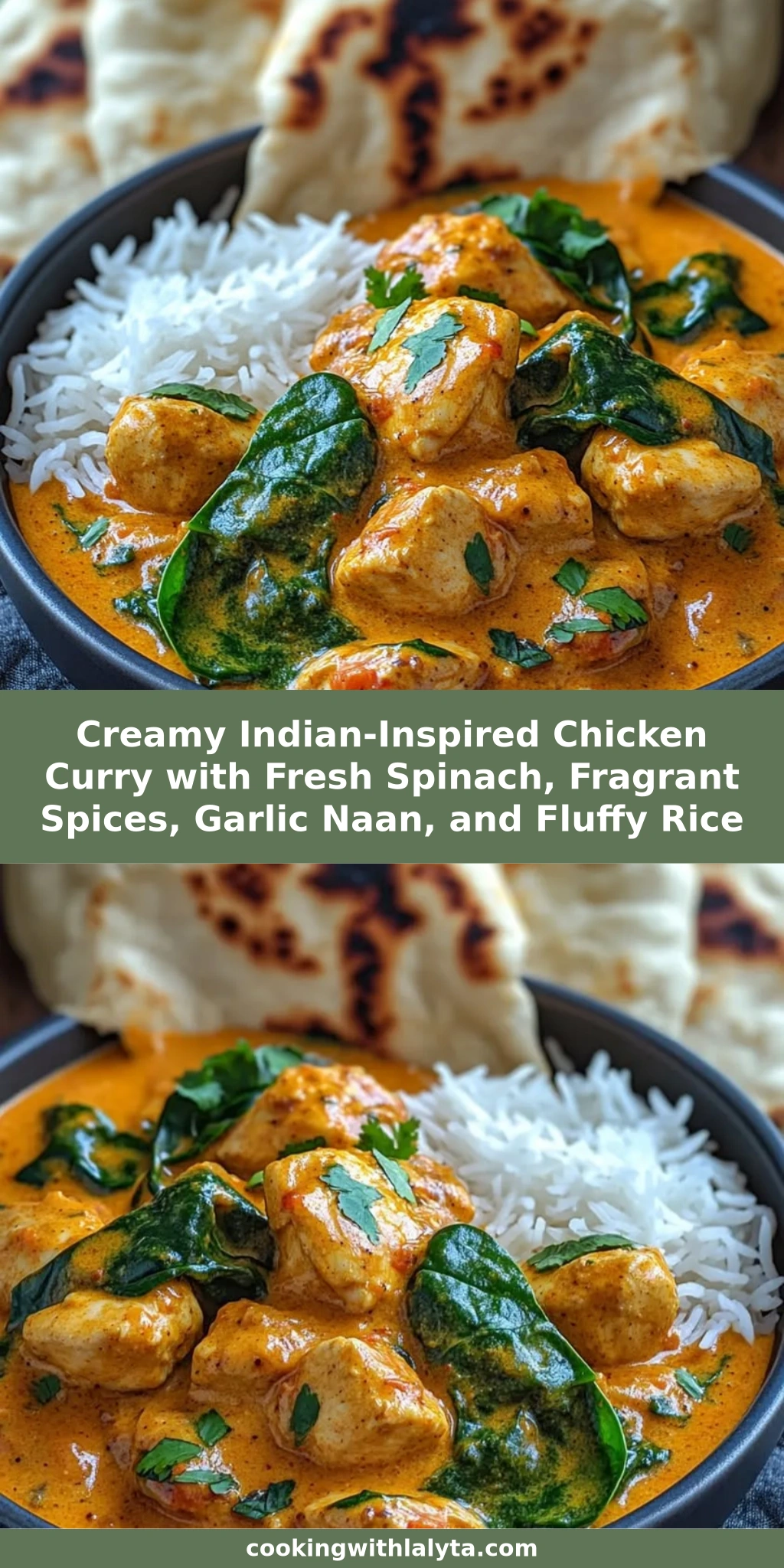 Creamy Indian-Inspired Chicken Curry with Fresh Spinach, Fragrant Spices, Garlic Naan, and Fluffy Rice