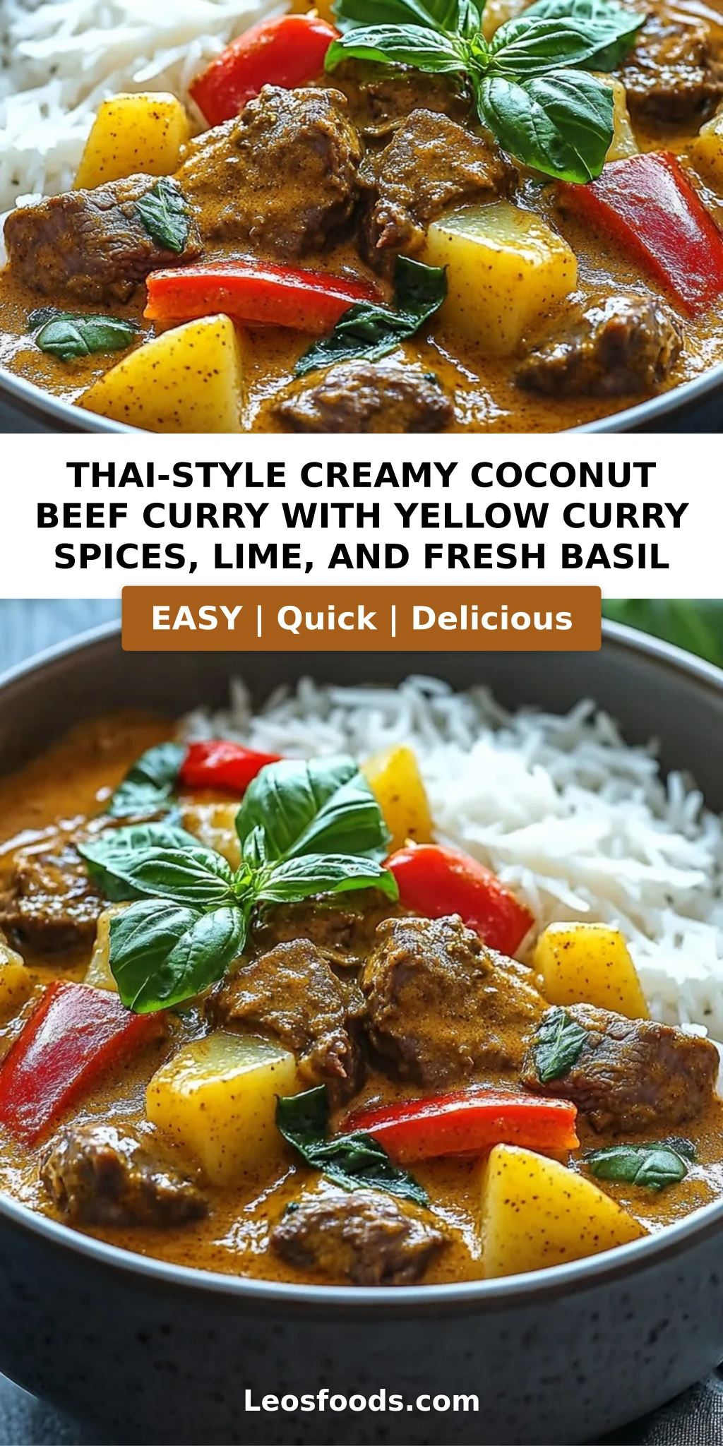 Thai-Style Creamy Coconut Beef Curry with Yellow Curry Spices, Lime, and Fresh Basil