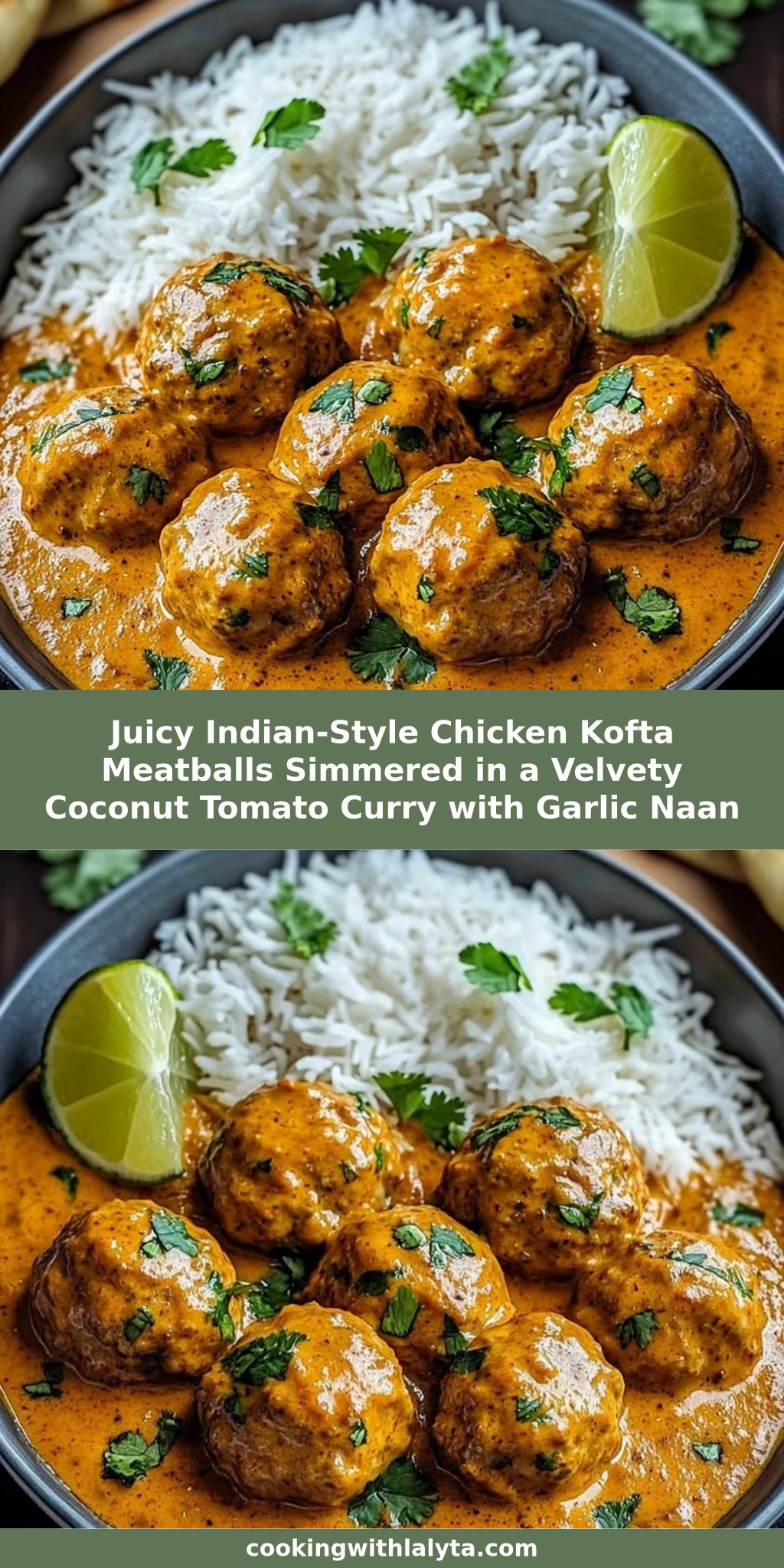 Juicy Indian-Style Chicken Kofta Meatballs Simmered in a Velvety Coconut Tomato Curry with Garlic Naan