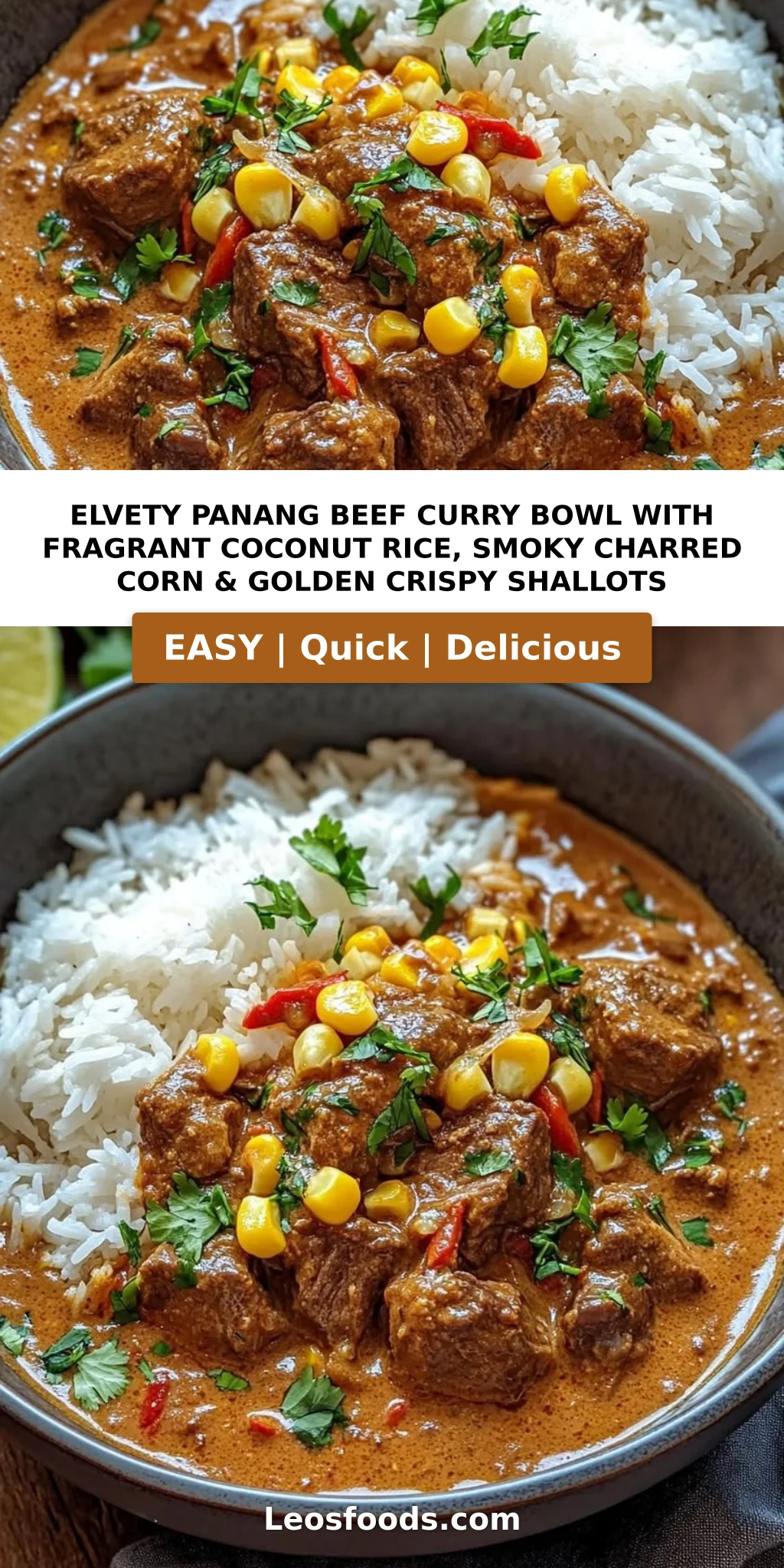 elvety Panang Beef Curry Bowl with Fragrant Coconut Rice, Smoky Charred Corn & Golden Crispy Shallots