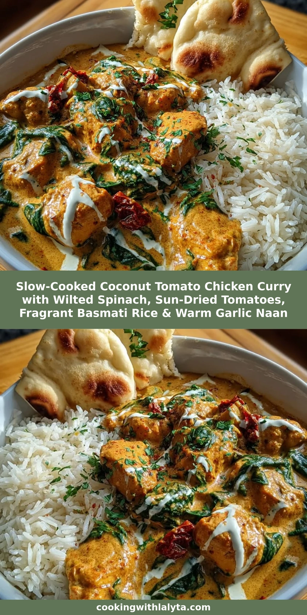 Slow-Cooked Coconut Tomato Chicken Curry with Wilted Spinach, Sun-Dried Tomatoes, Fragrant Basmati Rice & Warm Garlic Naan