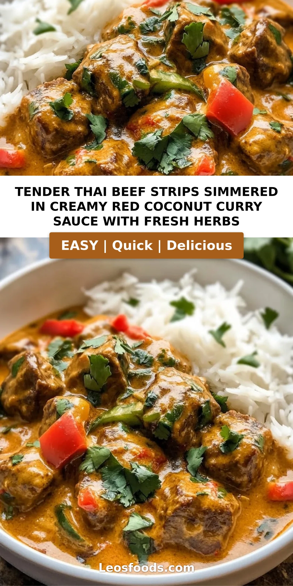 Tender Thai Beef Strips Simmered in Creamy Red Coconut Curry Sauce with Fresh Herbs
