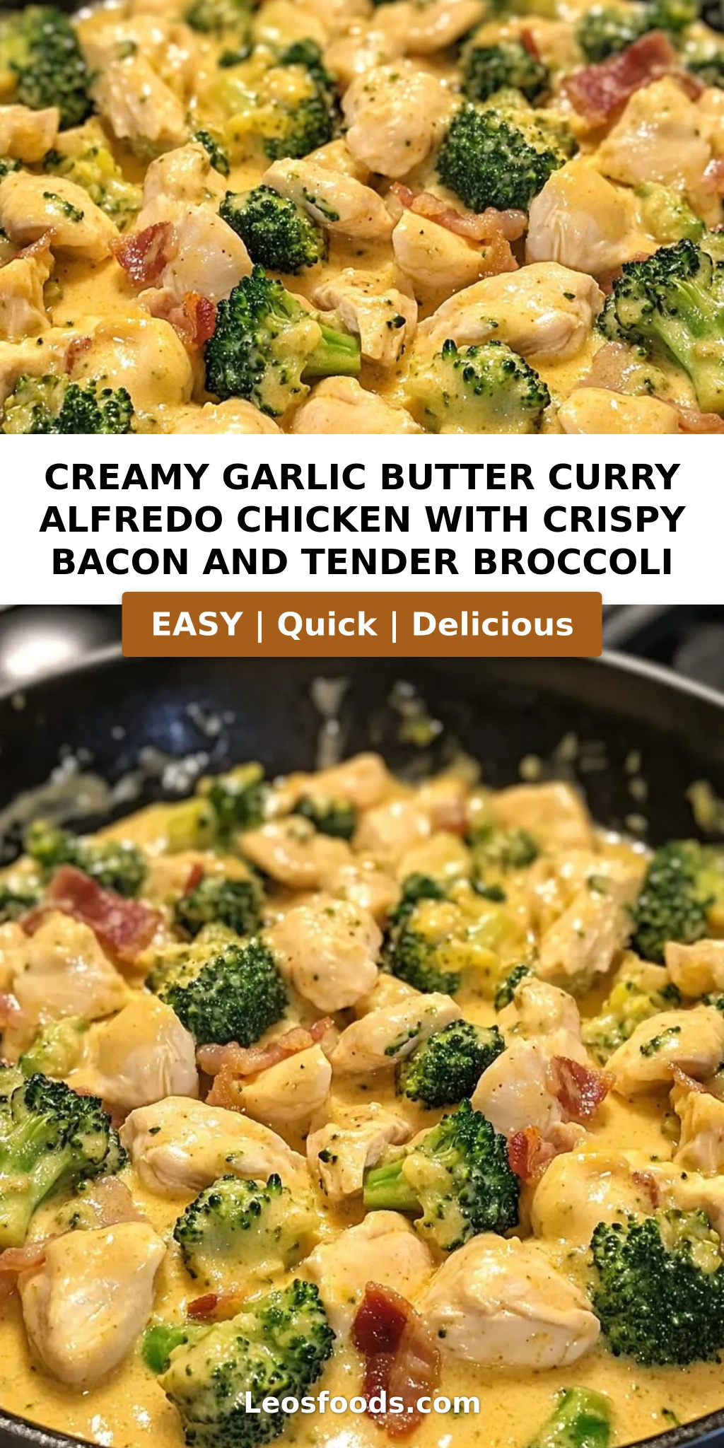 Creamy Garlic Butter Curry Alfredo Chicken with Crispy Bacon and Tender Broccoli