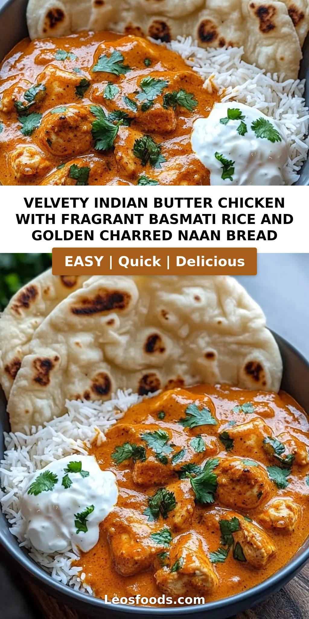 Velvety Indian Butter Chicken with Fragrant Basmati Rice and Golden Charred Naan Bread