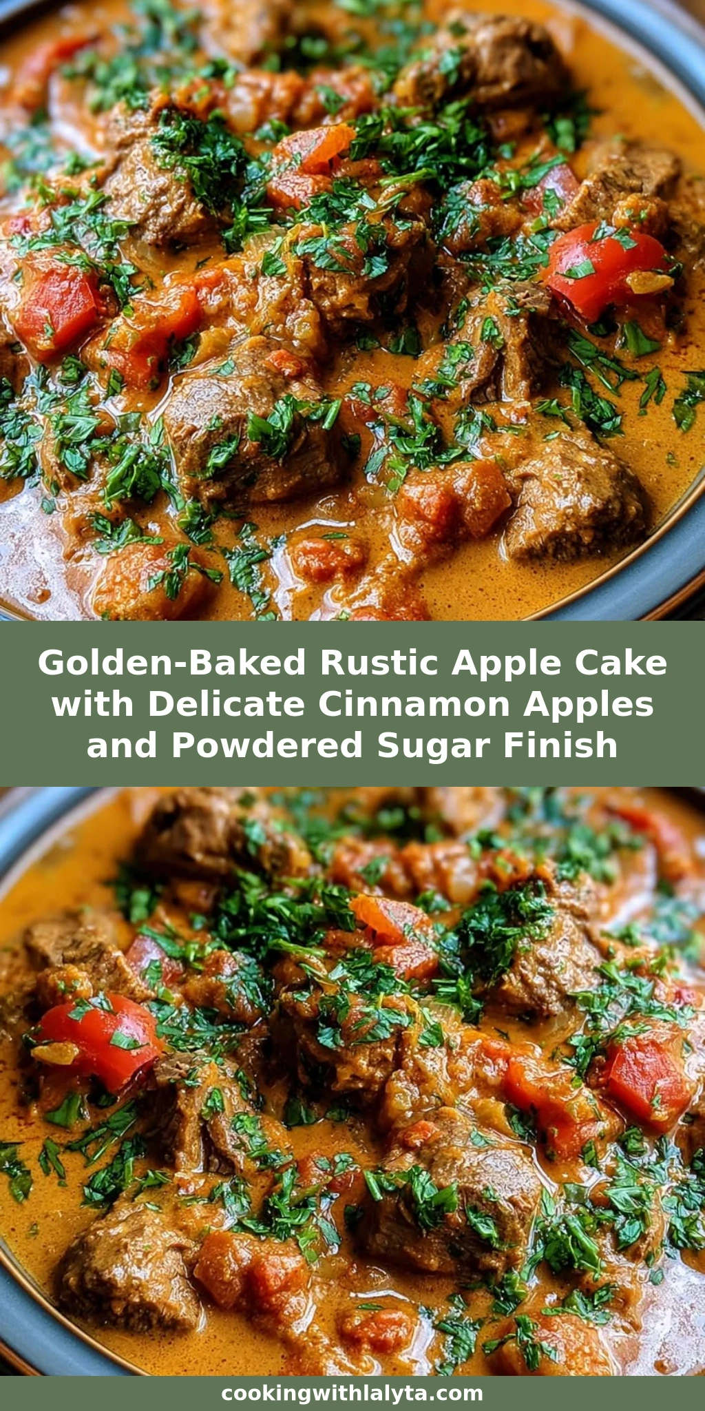 Golden-Baked Rustic Apple Cake with Delicate Cinnamon Apples and Powdered Sugar Finish