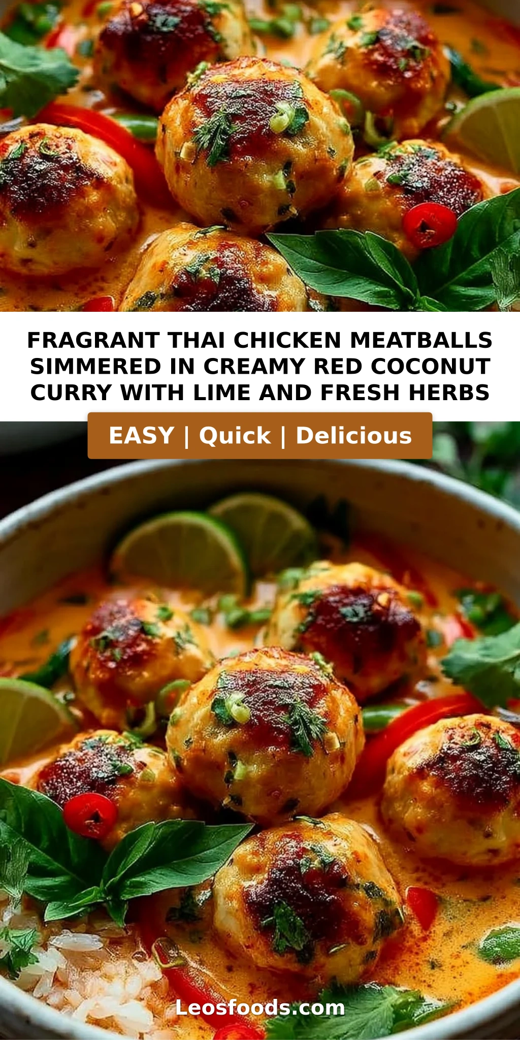 Fragrant Thai Chicken Meatballs Simmered in Creamy Red Coconut Curry with Lime and Fresh Herbs