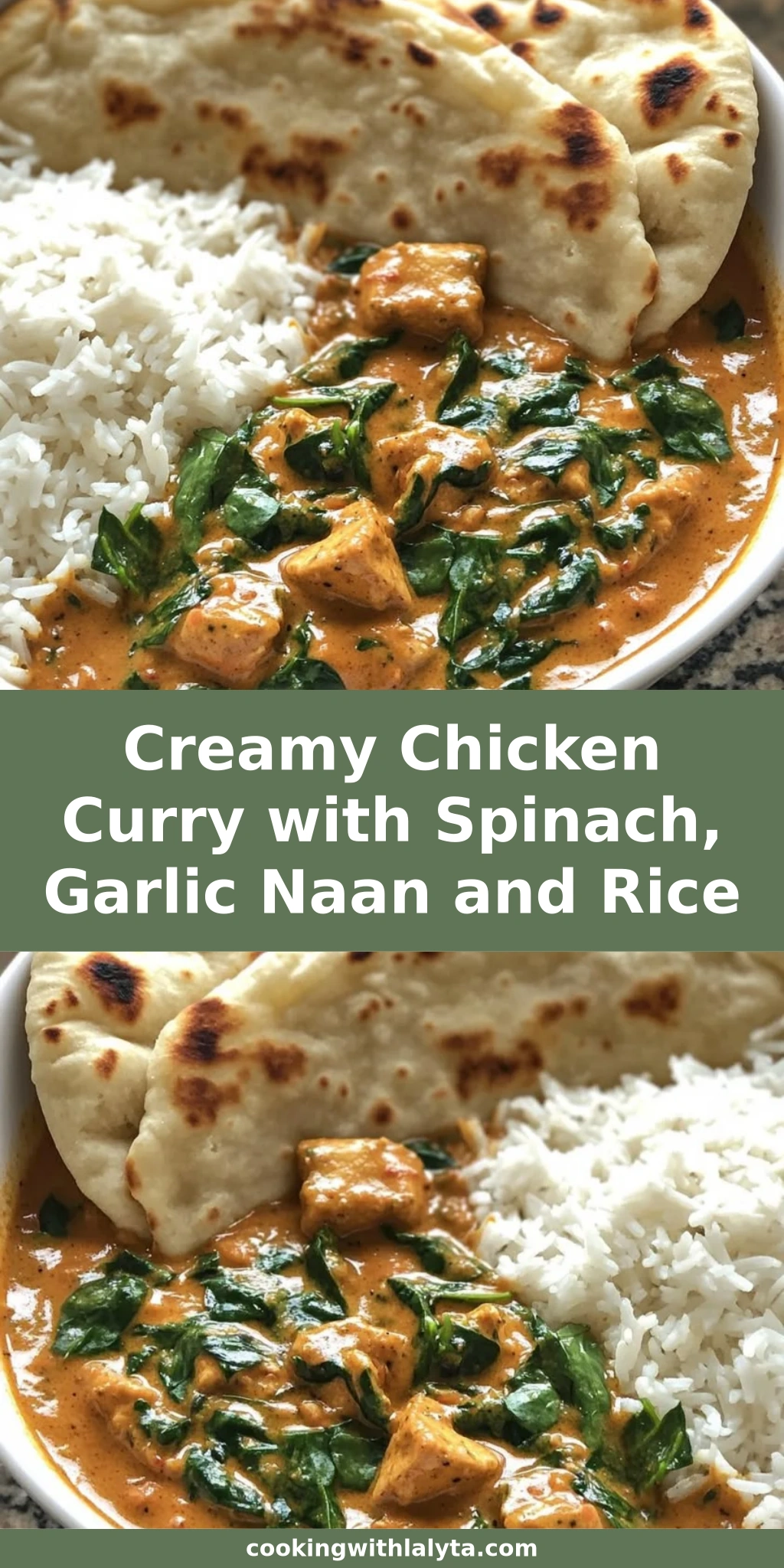 Creamy Chicken Curry with Spinach, Garlic Naan and Rice