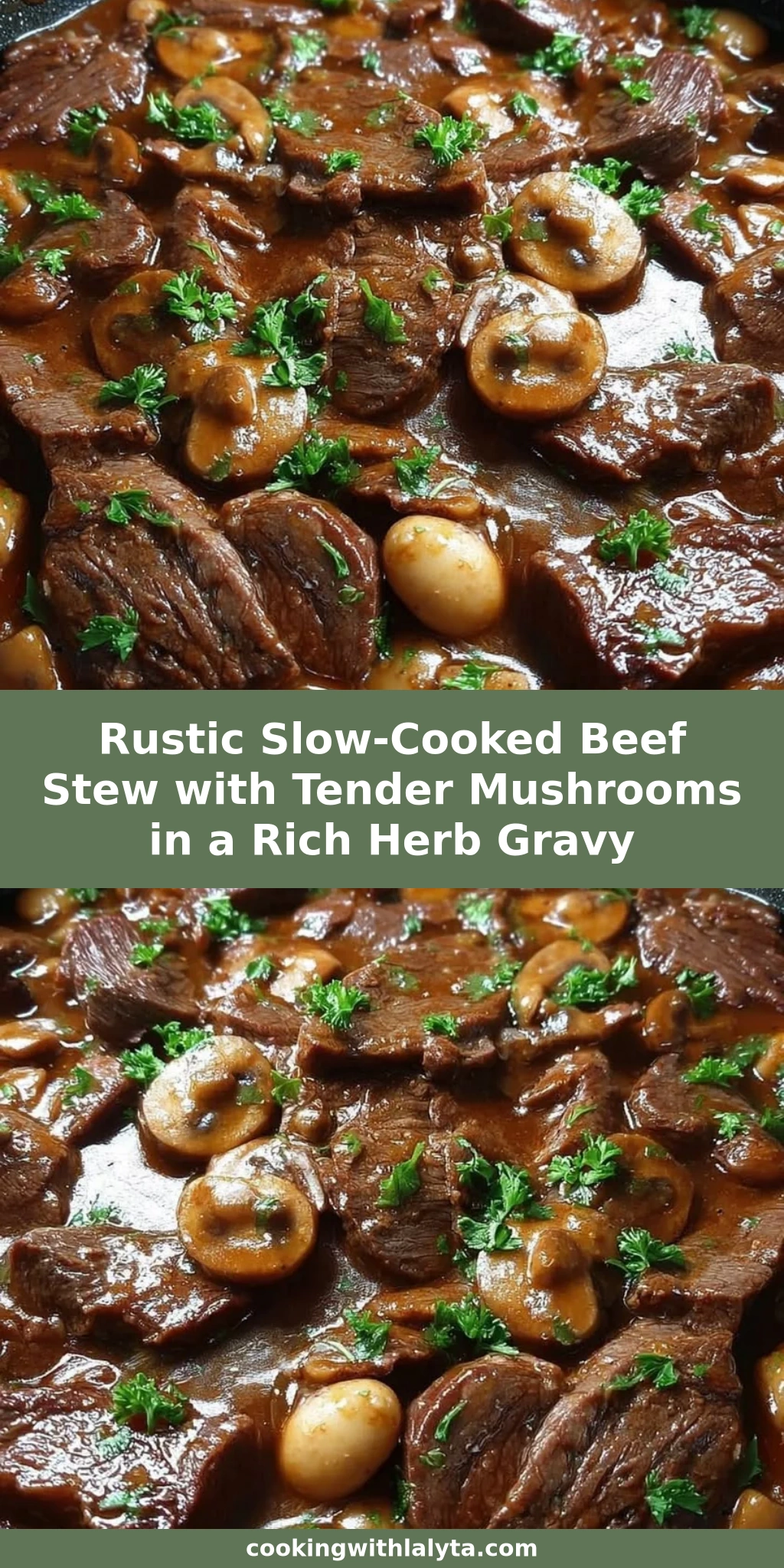 Rustic Slow-Cooked Beef Stew with Tender Mushrooms in a Rich Herb Gravy