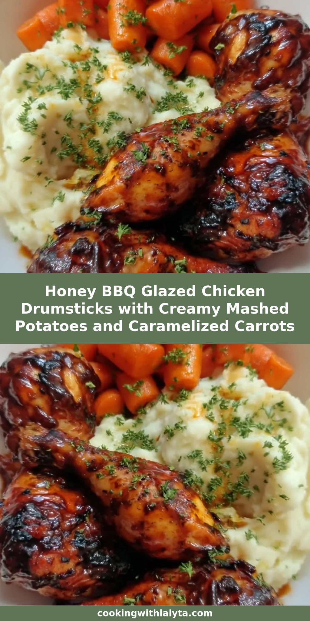 Honey BBQ Glazed Chicken Drumsticks with Creamy Mashed Potatoes and Caramelized Carrots