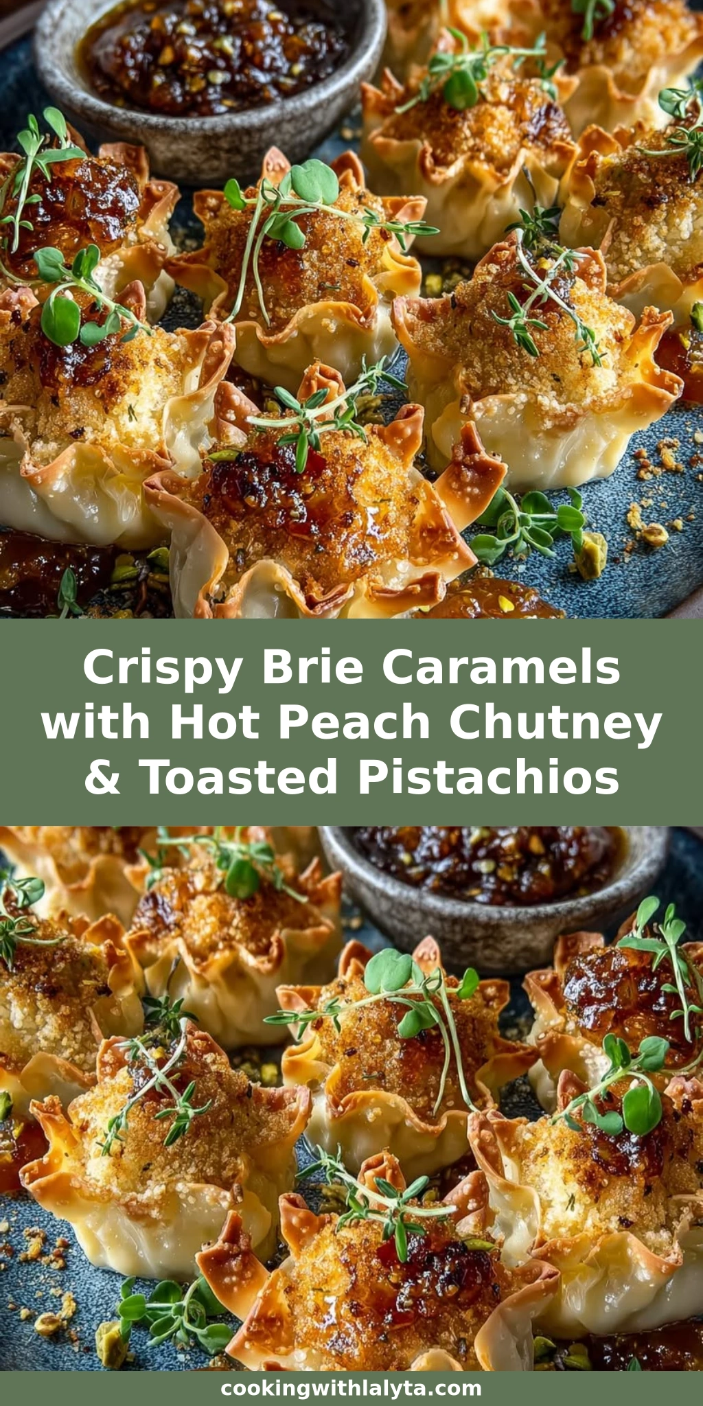 Crispy Brie Caramels with Hot Peach Chutney & Toasted Pistachios