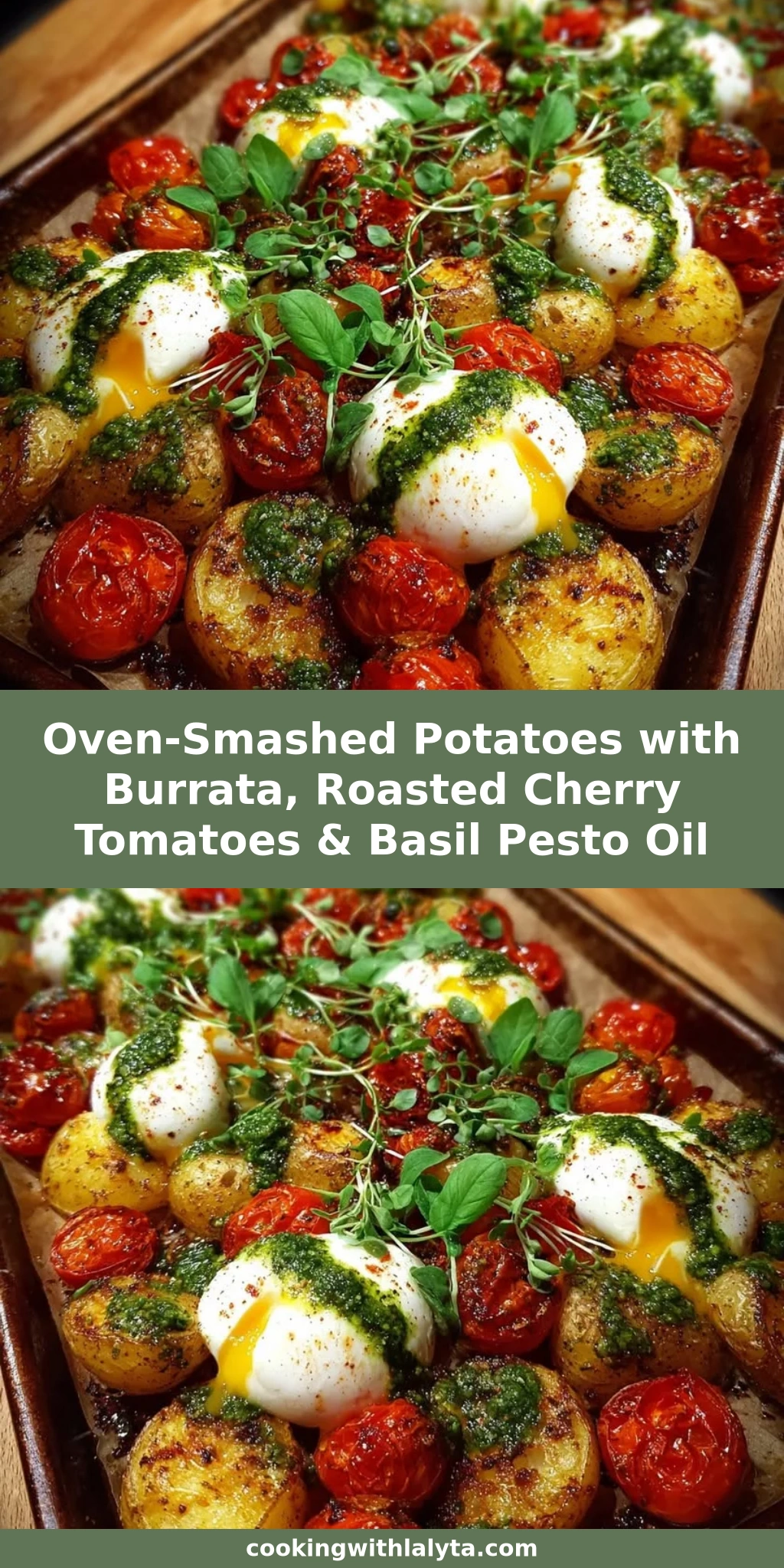 Oven-Smashed Potatoes with Burrata, Roasted Cherry Tomatoes & Basil Pesto Oil