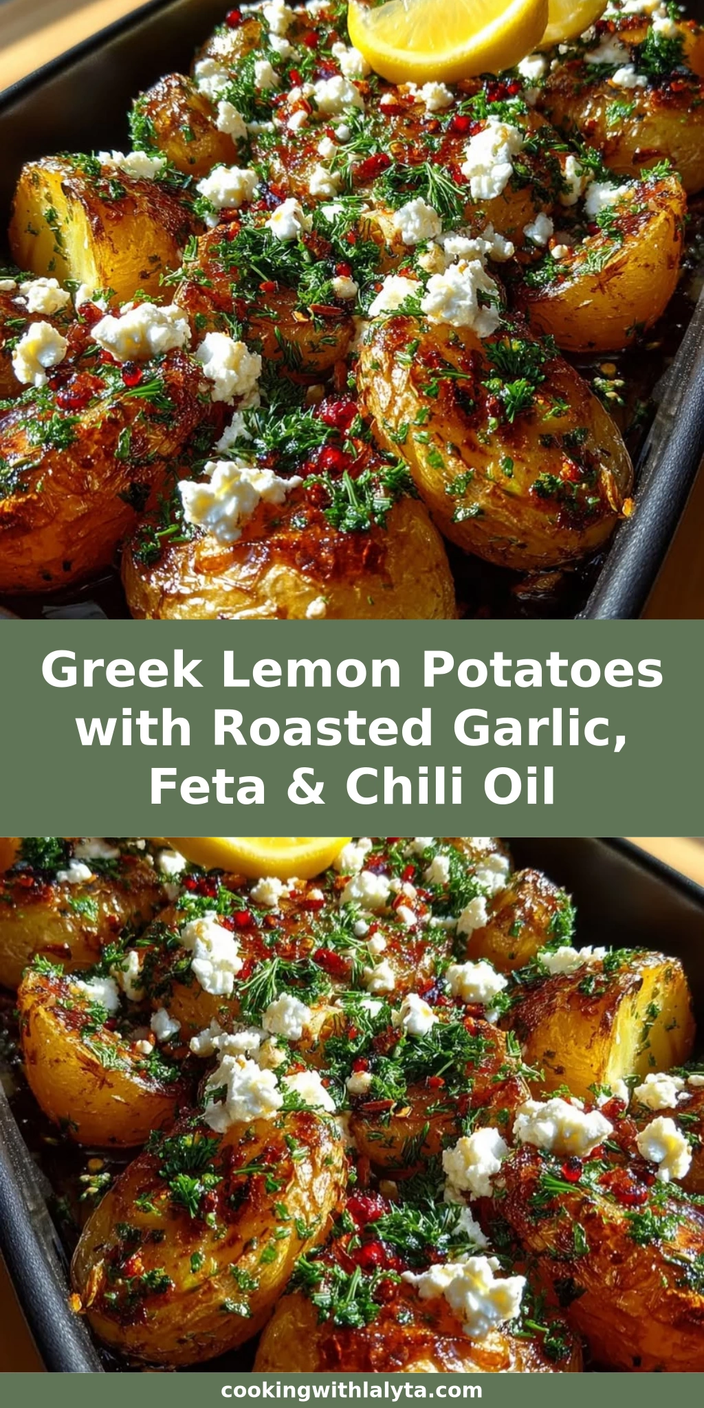 Greek Lemon Potatoes with Roasted Garlic, Feta & Chili Oil