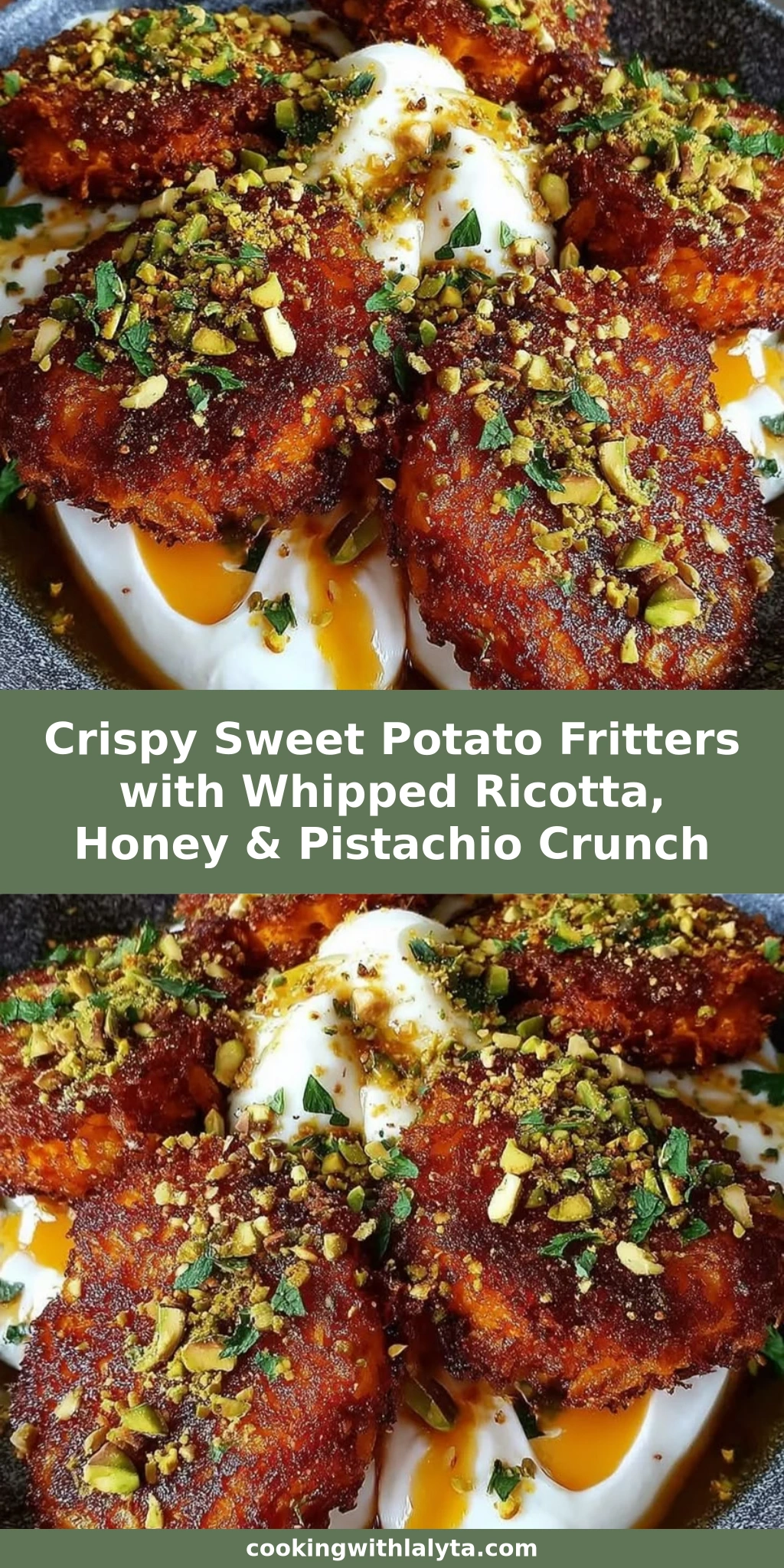Crispy Sweet Potato Fritters with Whipped Ricotta, Honey & Pistachio Crunch