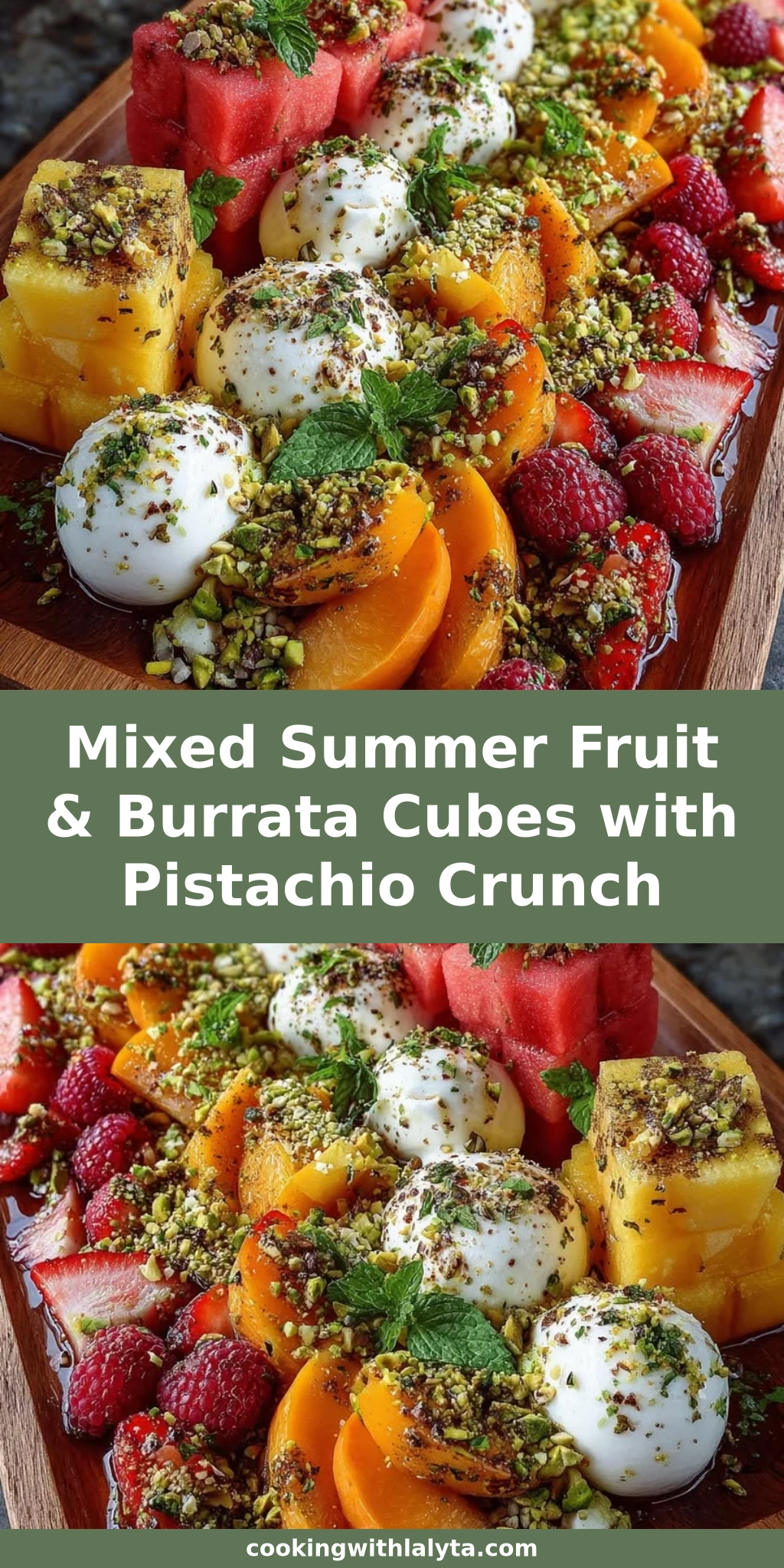 Mixed Summer Fruit & Burrata Cubes with Pistachio Crunch