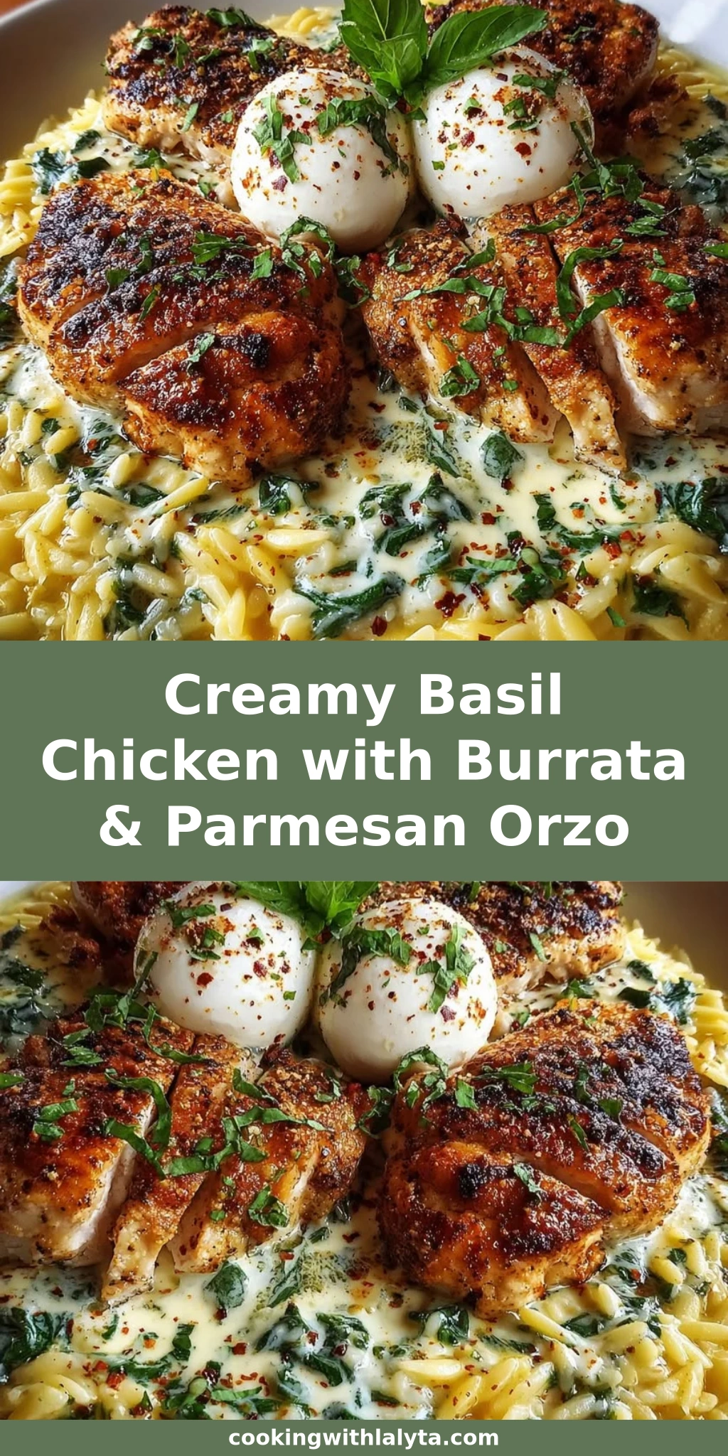 Creamy Basil Chicken with Burrata & Parmesan Orzo
