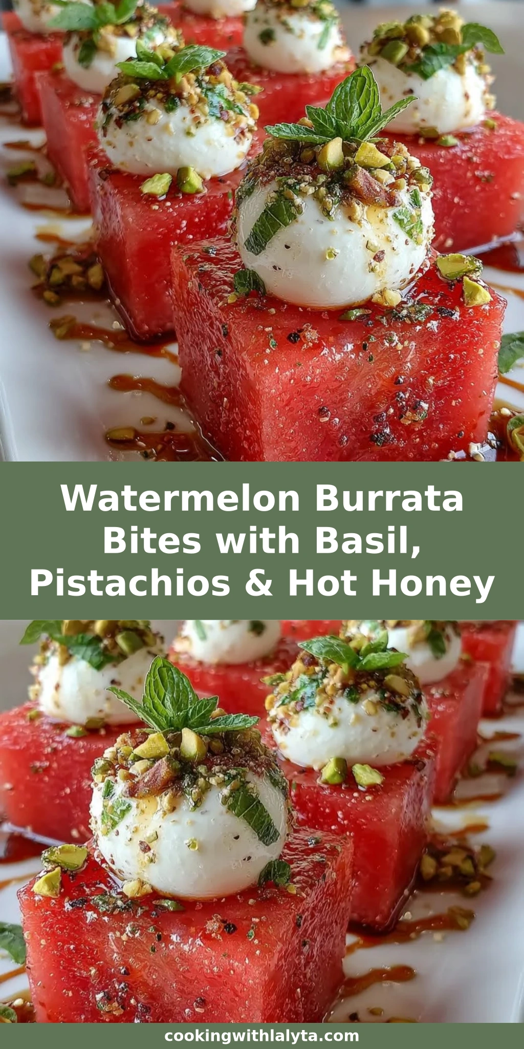 Watermelon Burrata Bites with Basil, Pistachios & Hot Honey
