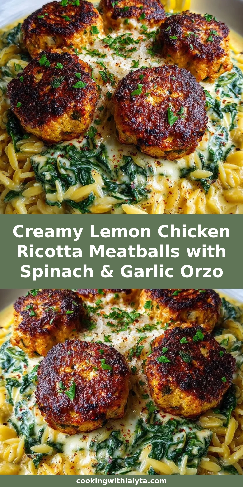 Creamy Lemon Chicken Ricotta Meatballs with Spinach & Garlic Orzo