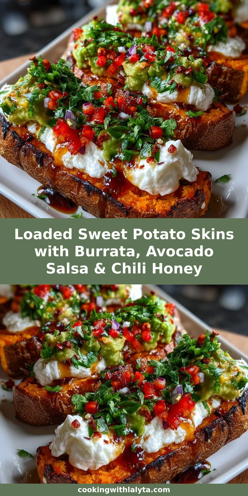 Loaded Sweet Potato Skins with Burrata, Avocado Salsa & Chili Honey