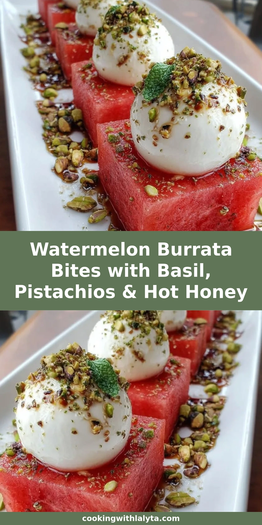 Watermelon Burrata Bites with Basil, Pistachios & Hot Honey