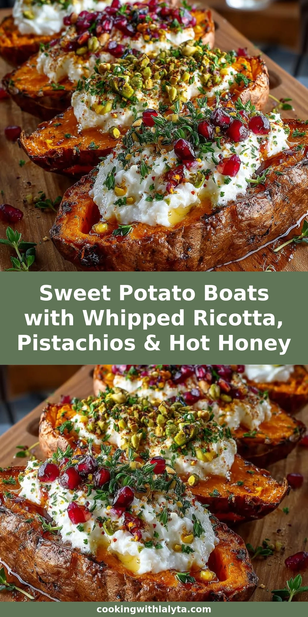 Sweet Potato Boats with Whipped Ricotta, Pistachios & Hot Honey