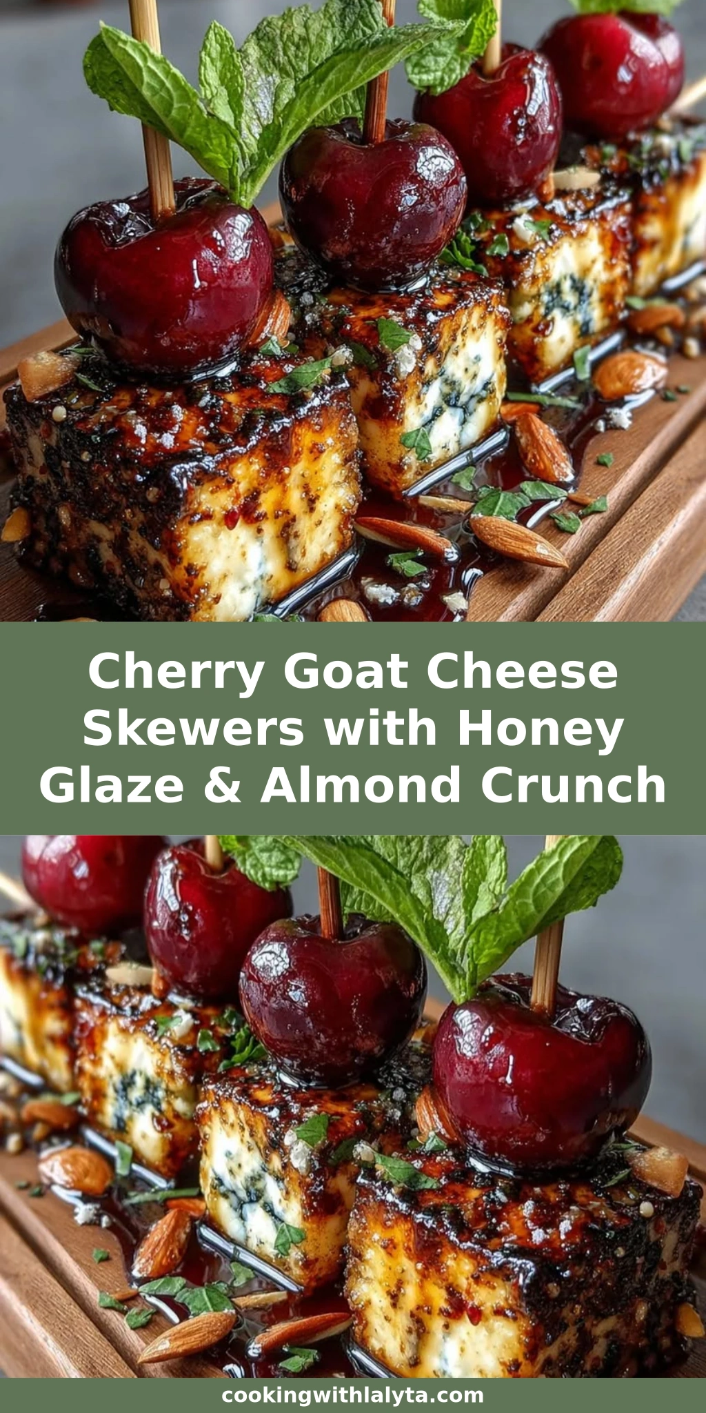 Cherry Goat Cheese Skewers with Honey Glaze & Almond Crunch