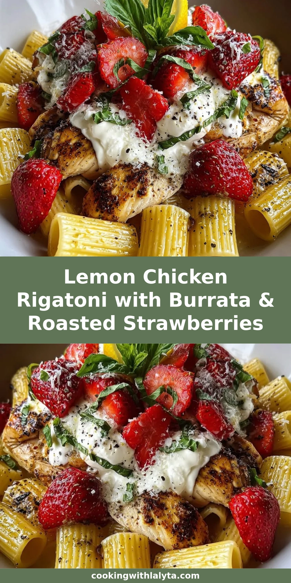 Lemon Chicken Rigatoni with Burrata & Roasted Strawberries