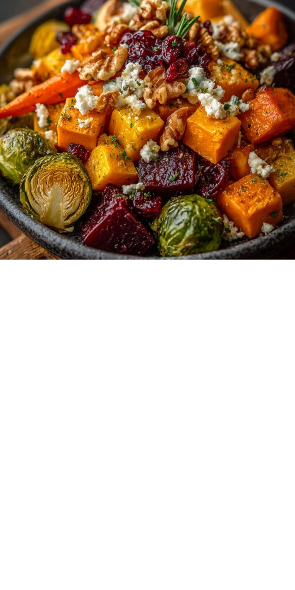 Roasted Brussels Sprouts, Sweet Potato, Butternut Squash, Carrot & Beet Medley with Maple-Feta Crumble, Walnuts & Cranberry-Honey Glaze